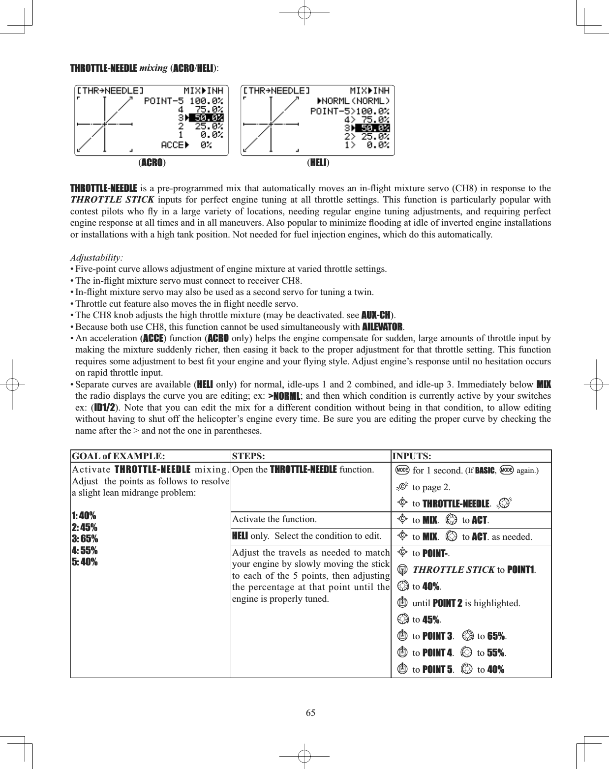 65THROTTLE-NEEDLE mixing (ACROHELI):THROTTLE-NEEDLELVDSUHSURJUDPPHGPL[WKDWDXWRPDWLFDOO\PRYHVDQLQÀLJKWPL[WXUHVHUYR&amp;+LQUHVSRQVHWRWKHTHROTTLE STICK inputs for perfect engine tuning at all throttle settings. This function is particularly popular with FRQWHVW SLORWV ZKR À\ LQ D ODUJH YDULHW\ RI ORFDWLRQV QHHGLQJ UHJXODU HQJLQH WXQLQJ DGMXVWPHQWV DQG UHTXLULQJ SHUIHFWHQJLQHUHVSRQVHDWDOOWLPHVDQGLQDOOPDQHXYHUV$OVRSRSXODUWRPLQLPL]HÀRRGLQJDWLGOHRILQYHUWHGHQJLQHLQVWDOODWLRQVor installations with a high tank position. Not needed for fuel injection engines, which do this automatically. Adjustability:• Five-point curve allows adjustment of engine mixture at varied throttle settings. 7KHLQÀLJKWPL[WXUHVHUYRPXVWFRQQHFWWRUHFHLYHU&amp;+,QÀLJKWPL[WXUHVHUYRPD\DOVREHXVHGDVDVHFRQGVHUYRIRUWXQLQJDWZLQ7KURWWOHFXWIHDWXUHDOVRPRYHVWKHLQÀLJKWQHHGOHVHUYR• The CH8 knob adjusts the high throttle mixture (may be deactivated. see AUX-CH).• Because both use CH8, this function cannot be used simultaneously with AILEVATOR.• An acceleration (ACCE) function (ACRO only) helps the engine compensate for sudden, large amounts of throttle input by making the mixture suddenly richer, then easing it back to the proper adjustment for that throttle setting. This function UHTXLUHVVRPHDGMXVWPHQWWREHVW¿W\RXUHQJLQHDQG\RXUÀ\LQJVW\OH$GMXVWHQJLQH¶VUHVSRQVHXQWLOQRKHVLWDWLRQRFFXUVon rapid throttle input. • Separate curves are available (HELI only) for normal, idle-ups 1 and 2 combined, and idle-up 3. Immediately below MIXthe radio displays the curve you are editing; ex: &gt;NORML; and then which condition is currently active by your switches ex: (ID1/2). Note that you can edit the mix for a different condition without being in that condition, to allow editing without having to shut off the helicopter’s engine every time. Be sure you are editing the proper curve by checking the name after the &gt; and not the one in parentheses. GOAL of EXAMPLE: STEPS: INPUTS:Activate THROTTLE-NEEDLE mixing.Adjust  the points as follows to resolve a slight lean midrange problem:1: 40%2: 45%3: 65%4: 55%5: 40%Open the THROTTLE-NEEDLE function. for 1 second. (If BASIC, again.)to page 2.Cto THROTTLE-NEEDLE.Activate the function.Cto MIX. to ACT.HELI only.  Select the condition to edit.Cto MIX. to ACT. as needed. Adjust the travels as needed to match your engine by slowly moving the stick to each of the 5 points, then adjusting the percentage at that point until the engine is properly tuned.Cto POINT-.THROTTLE STICK to POINT1.to 40%.until POINT 2 is highlighted. to 45%.to POINT 3. to 65%.to POINT 4. to 55%.to POINT 5. to 40%(HELI)(ACRO)