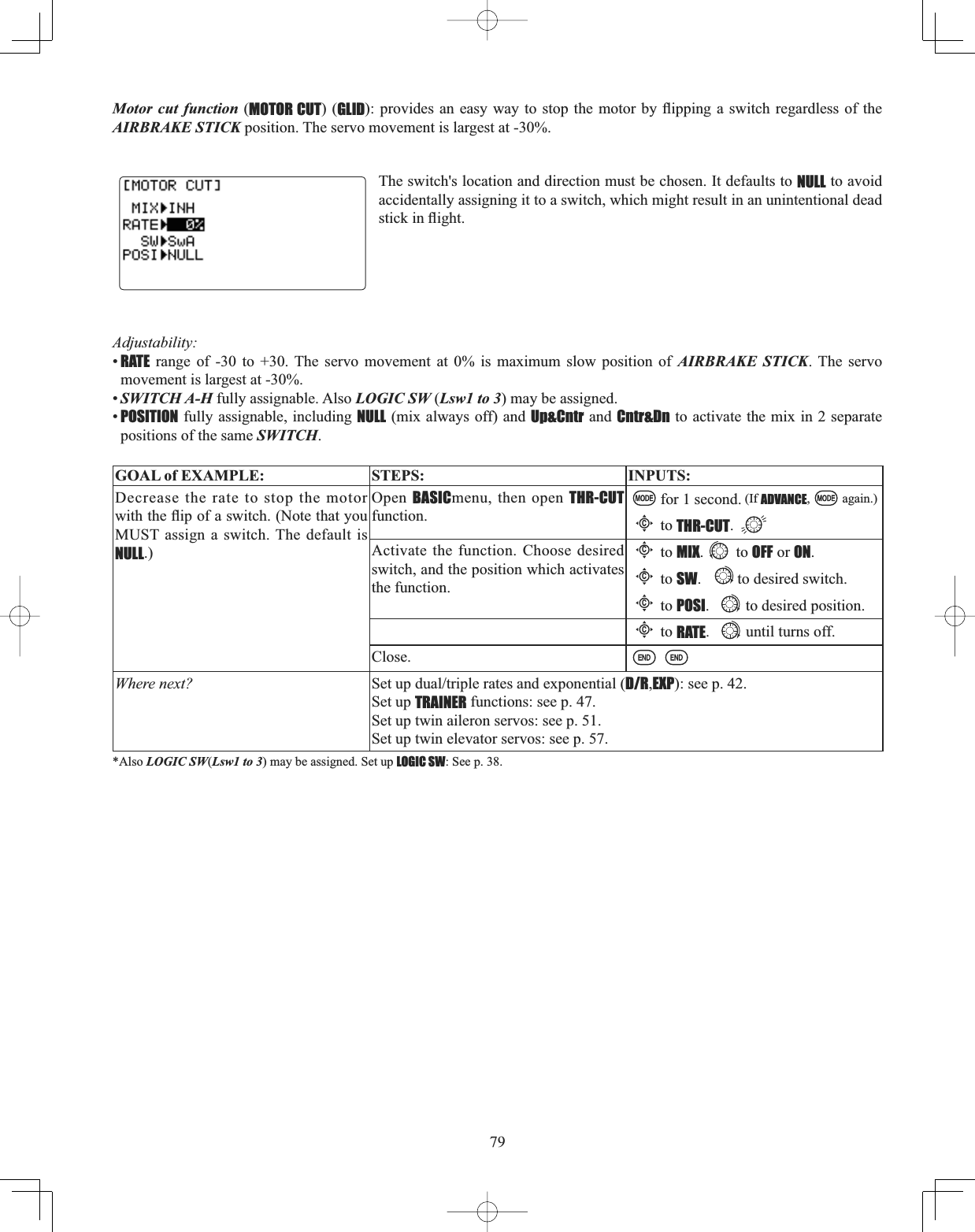 79Motor cut function (MOTOR CUT) (GLID SURYLGHV DQ HDV\ ZD\ WR VWRSWKHPRWRUE\ÀLSSLQJDVZLWFK UHJDUGOHVV RI WKHAIRBRAKE STICK position. The servo movement is largest at -30%. The switch&apos;s location and direction must be chosen. It defaults to NULL to avoid accidentally assigning it to a switch, which might result in an unintentional dead VWLFNLQÀLJKWAdjustability:•RATE range of -30 to +30. The servo movement at 0% is maximum slow position of AIRBRAKE STICK. The servo movement is largest at -30%. •SWITCH A-H fully assignable. Also LOGIC SW (Lsw1 to 3) may be assigned.•POSITION fully assignable, including NULL (mix always off) and Up&amp;Cntr and Cntr&amp;Dn to activate the mix in 2 separate positions of the same SWITCH.GOAL of EXAMPLE: STEPS: INPUTS:Decrease the rate to stop the motor ZLWKWKHÀLSRIDVZLWFK1RWHWKDW\RXMUST assign a switch. The default is NULL.)Open BASICmenu, then open THR-CUTfunction.for 1 second. (If ADVANCE, again.)Cto THR-CUT.Activate the function. Choose desired switch, and the position which activates the function.Cto MIX. to OFF or ON.Cto SW. to desired switch.Cto POSI. to desired position.Cto RATE. until turns off.Close.Where next? 6HWXSGXDOWULSOHUDWHVDQGH[SRQHQWLDOD/R,EXP): see p. 42.Set up TRAINER functions: see p. 47.Set up twin aileron servos: see p. 51.Set up twin elevator servos: see p. 57.*Also LOGIC SW(Lsw1 to 3) may be assigned. Set up LOGIC SW: See p. 38.