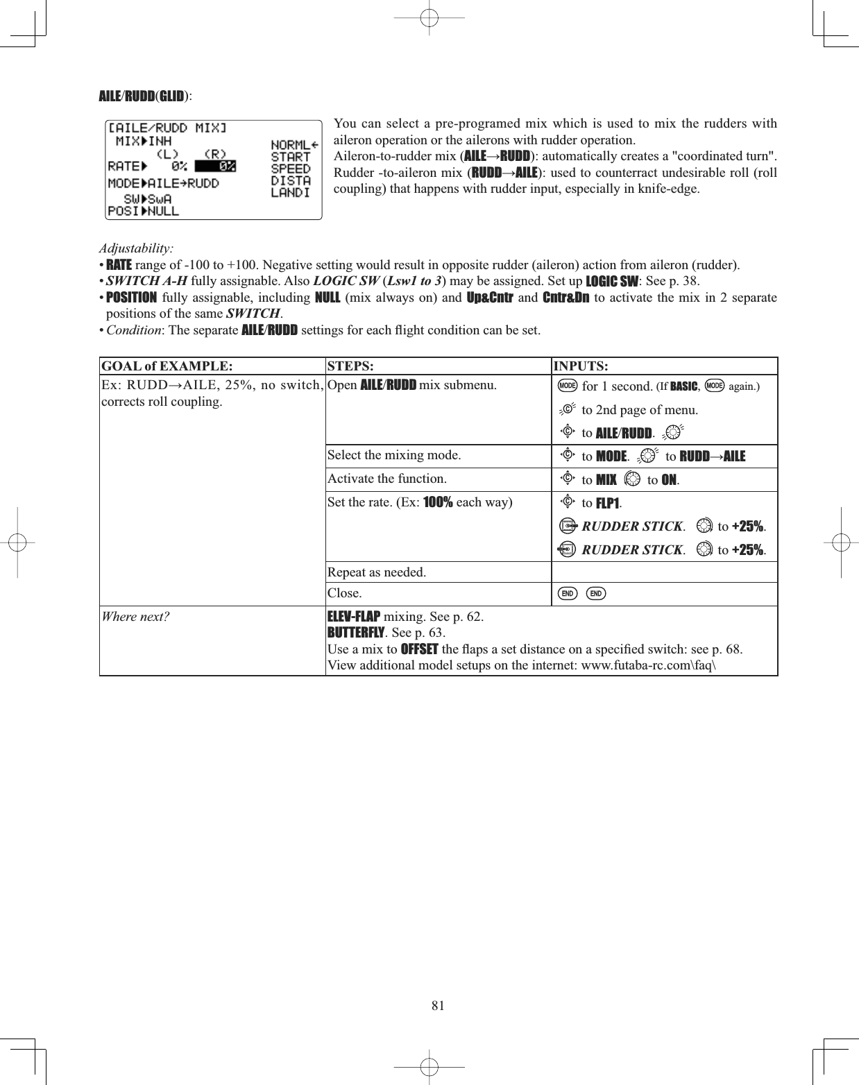 81AILERUDD(GLID):Adjustability:•RATE range of -100 to +100. Negative setting would result in opposite rudder (aileron) action from aileron (rudder). •SWITCH A-H fully assignable. Also LOGIC SW (Lsw1 to 3) may be assigned. Set up LOGIC SW: See p. 38.•POSITION fully assignable, including NULL (mix always on) and Up&amp;Cntr and Cntr&amp;Dn to activate the mix in 2 separate positions of the same SWITCH.•Condition: The separate AILERUDDVHWWLQJVIRUHDFKÀLJKWFRQGLWLRQFDQEHVHWGOAL of EXAMPLE: STEPS: INPUTS:([58&apos;&apos;ĺ$,/(QRVZLWFKcorrects roll coupling.Open AILERUDD mix submenu. for 1 second. (If BASIC, again.)to 2nd page of menu.Cto AILERUDD.Select the mixing mode.Cto MODE.  to RUDDĺAILEActivate the function.Cto MIX to ON.Set the rate. (Ex: 100% each way)Cto FLP1.RUDDER STICK. to +25%.RUDDER STICK. to +25%.Repeat as needed.Close.Where next? ELEV-FLAP mixing. See p. 62.BUTTERFLY. See p. 63.Use a mix to OFFSETWKHÀDSVDVHWGLVWDQFHRQDVSHFL¿HGVZLWFKVHHSView additional model setups on the internet: www.futaba-rc.com\faq\You can select a pre-programed mix which is used to mix the rudders with aileron operation or the ailerons with rudder operation.Aileron-to-rudder mix (AILEĺRUDD): automatically creates a &quot;coordinated turn&quot;. Rudder -to-aileron mix (RUDDĺAILE): used to counterract undesirable roll (roll coupling) that happens with rudder input, especially in knife-edge.