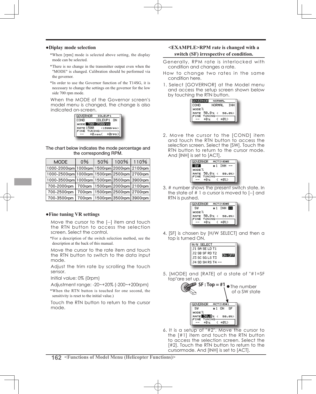 162 &lt;Functions of Model Menu (Helicopter Functions)&gt;●Diplay mode selection*When [rpm]  mode  is  selected  above  setting, the  display mode can be selected.* There is no change in the transmitter output even when the &quot;MODE&quot; is changed. Calibration should be performed via the governor.* In order  to use  the Governor  function of  the T14SG, it is necessary to change the settings on the governor for the low side 700 rpm mode.　WhentheMODEoftheGovernorscreen&apos;smodelmenuischanged,thechangeisalsoindicatedon-screen.The chart below indicates the mode percentage and the corresponding RPM.MODE 0％ 50％ 100％ 110％1000-2000rpm 1000rpm 1500rpm 2000rpm 2100rpm1000-2500rpm 1000rpm 1500rpm 2500rpm 2700rpm1000-3500rpm 1000rpm 1500rpm 3500rpm 3900rpm700-2000rpm 700rpm 1500rpm 2000rpm 2100rpm700-2500rpm 700rpm 1500rpm 2500rpm 2700rpm700-3500rpm 700rpm 1500rpm 3500rpm 3900rpm ●Fine tuning VR settings Movethecursortothe[--]itemandtouchtheRTNbuttontoaccesstheselectionscreen.Selectthecontrol.*For a description of the switch selection method, see the description at the back of this manual. Movethecursortotherateitemand touchtheRTNbuttontoswitchtothedatainputmode. Adjustthetrimratebyscrollingthetouchsensor. Initialvalue:0%(0rpm) Adjustmentrange:-20~+20%(-200~+200rpm)*When  the  RTN  button  is  touched  for  one  second,  the sensitivity is reset to the initial value.) TouchtheRTNbuttontoreturntothecursormode.&lt;EXAMPLE&gt;RPM rate is changed with a switch (SF) irrespective of condition. Generally,RPMrateisinterlockedwithconditionandchangesarate.Howtochangetworatesinthesameconditionhere.1.Select[GOVERNOR]attheModelmenuandaccessthesetupscreenshownbelowbytouchingtheRTNbutton.2.Movethecursortothe[COND]itemandtouchtheRTNbuttontoaccesstheselectionscreen.Selectthe[SW].TouchtheRTNbuttontoreturntothecursormode.And[INH]issetto[ACT].3.#numbershowsthepresentswitchstate.Inthestateof#1acursorismovedto[--]andRTNispushed.4.[SF]ischosenby[H/WSELECT]andthenatopisturnedON.5.[MODE]and[RATE]ofastateof&quot;#1=SFtop&quot;aresetup.6.Itisasetupof&quot;#2&quot;.Movethecursortothe[#1]itemandtouchtheRTNbuttontoaccesstheselectionscreen.Selectthe[#2].TouchtheRTNbuttontoreturntothecursormode.And[INH]issetto[ACT].SF : Top = #1 ●ThenumberofaSWstate