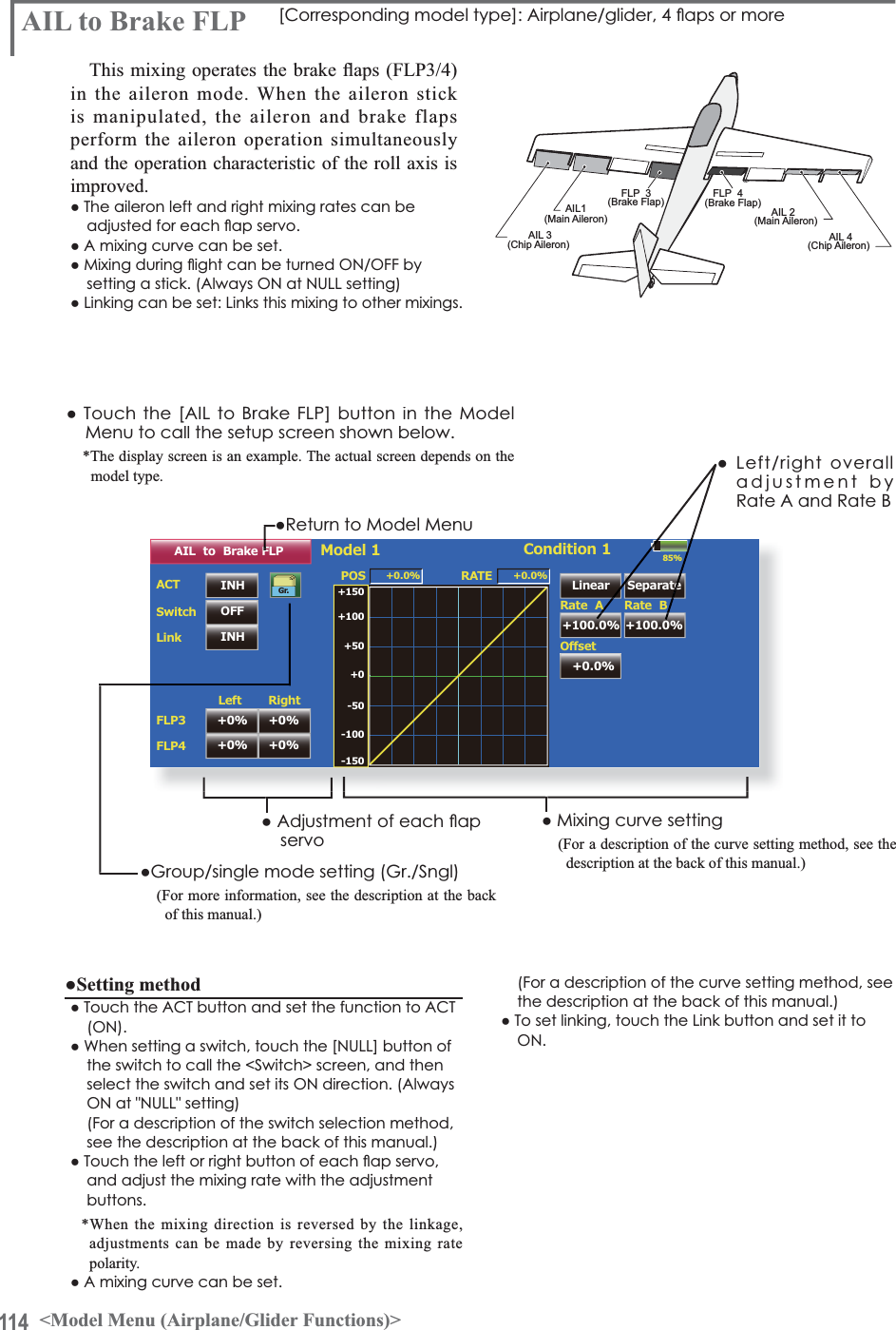114 &lt;Model Menu (Airplane/Glider Functions)&gt;AIL 3(Chip Aileron) AIL 4(Chip Aileron)AIL1(Main Aileron) AIL 2(Main Aileron)FLP  3(Brake Flap) FLP  4(Brake Flap)85%AIL  to  Brake FLPINH POS +0.0%SwitchLinkACTLeft RightLinear Separate+100.0% +100.0%Model 1 Condition 1Gr. +150+100+50+0-50-150-100RATERate  A+0.0%2íVHWRate  B+0.0%INHOFFFLP3FLP4+0% +0%+0% +0%ŏ5HWXUQWR0RGHO0HQX$,/WR%UDNH)/3 &gt;&amp;RUUHVSRQGLQJPRGHOW\SH@$LUSODQHJOLGHUÁDSVRUPRUH7KLVPL[LQJRSHUDWHVWKHEUDNHÀDSV)/3in the aileron mode. When the aileron stick is manipulated, the aileron and brake flaps perform the aileron operation simultaneously and the operation characteristic of the roll axis is improved.ŏ7KHDLOHURQOHIWDQGULJKWPL[LQJUDWHVFDQEHDGMXVWHGIRUHDFKÁDSVHUYRŏ$PL[LQJFXUYHFDQEHVHWŏ0L[LQJGXULQJÁLJKWFDQEHWXUQHG212))E\VHWWLQJDVWLFN$OZD\V21DW18//VHWWLQJŏ/LQNLQJFDQEHVHW/LQNVWKLVPL[LQJWRRWKHUPL[LQJVŏ7RXFKWKH&gt;$,/WR%UDNH)/3@EXWWRQLQWKH0RGHOMenu to call the setup screen shown below.*The display screen is an example. The actual screen depends on the model type.ŏ0L[LQJFXUYHVHWWLQJ(For a description of the curve setting method, see the description at the back of this manual.)ŏ$GMXVWPHQWRIHDFKÁDSservoŏ*URXSVLQJOHPRGHVHWWLQJ*U6QJO(For more information, see the description at the back of this manual.)ŏ/HIWULJKWRYHUDOOadjustment by5DWH$DQG5DWH%Ɣ6HWWLQJPHWKRGŏ7RXFKWKH$&amp;7EXWWRQDQGVHWWKHIXQFWLRQWR$&amp;721ŏ:KHQVHWWLQJDVZLWFKWRXFKWKH&gt;18//@EXWWRQRIthe switch to call the &lt;Switch&gt; screen, and then VHOHFWWKHVZLWFKDQGVHWLWV21GLUHFWLRQ$OZD\V21DW18//VHWWLQJ(For a description of the switch selection method, see the description at the back of this manual.)ŏ7RXFKWKHOHIWRUULJKWEXWWRQRIHDFKÁDSVHUYRand adjust the mixing rate with the adjustment buttons.*When the mixing direction is reversed by the linkage, adjustments can be made by reversing the mixing ratepolarity.ŏ$PL[LQJFXUYHFDQEHVHW(For a description of the curve setting method, see the description at the back of this manual.)ŏ7RVHWOLQNLQJWRXFKWKH/LQNEXWWRQDQGVHWLWWR21A