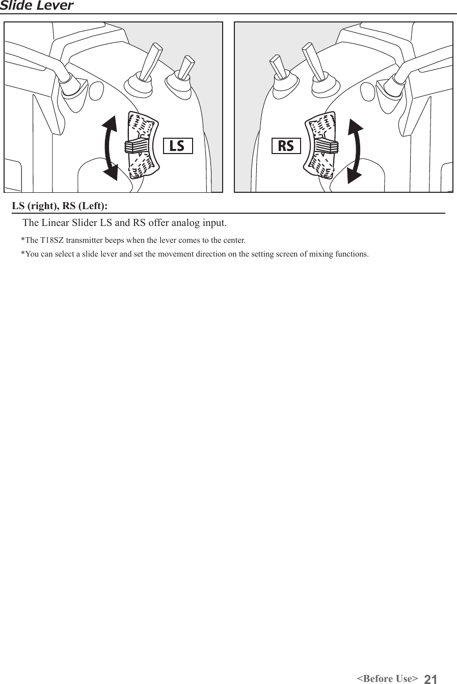 21&lt;Before Use&gt;LS RSSlide LeverLS (right), RS (Left):The Linear Slider LS and RS offer analog input. *The T18SZ transmitter beeps when the lever comes to the center.*You can select a slide lever and set the movement direction on the setting screen of mixing functions.