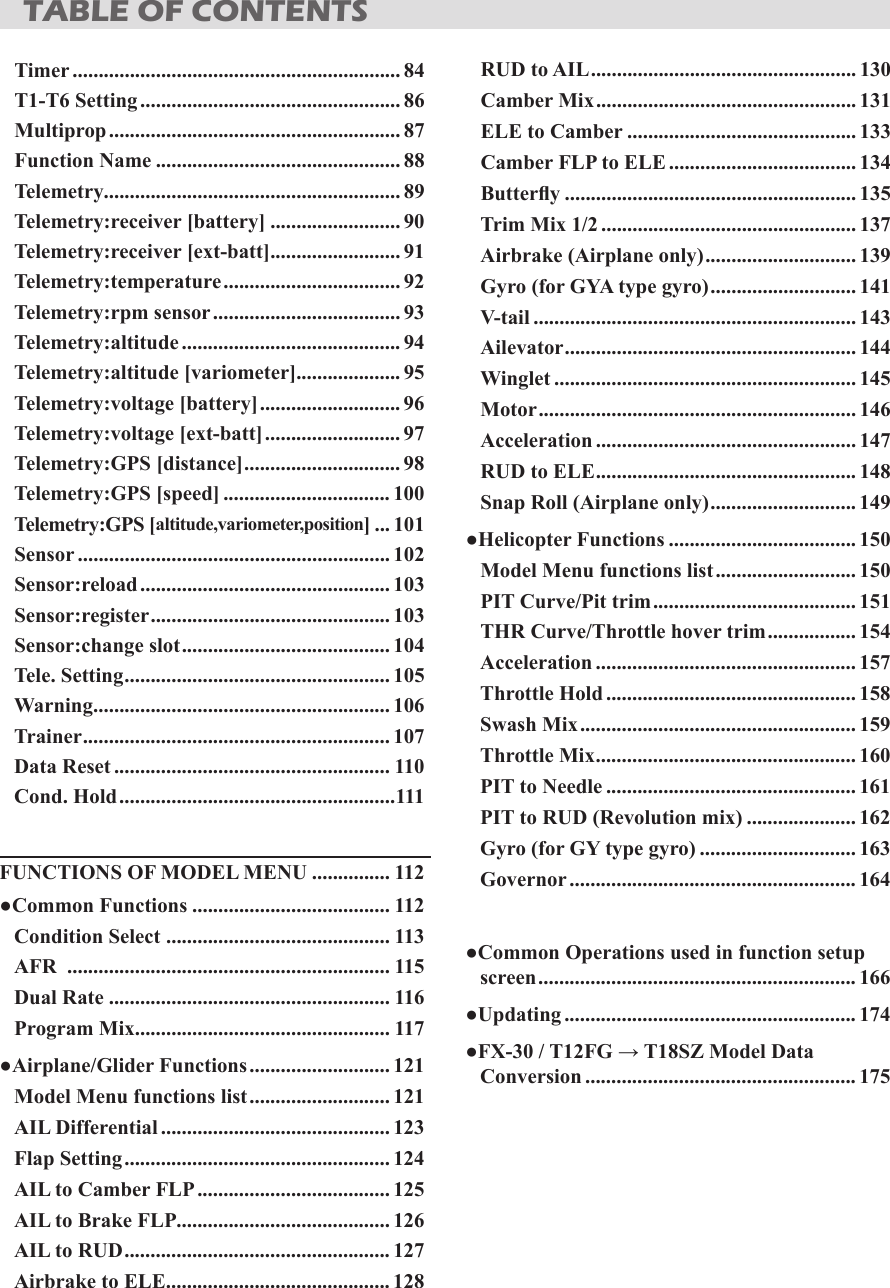 TABLE OF CONTENTSTimer ............................................................... 84T1-T6 Setting .................................................. 86Multiprop ........................................................ 87Function Name ............................................... 88Telemetry......................................................... 89Telemetry:receiver [battery] ......................... 90Telemetry:receiver [ext-batt] ......................... 91Telemetry:temperature .................................. 92Telemetry:rpm sensor .................................... 93Telemetry:altitude .......................................... 94Telemetry:altitude [variometer] .................... 95Telemetry:voltage [battery] ........................... 96Telemetry:voltage [ext-batt] .......................... 97Telemetry:GPS [distance] .............................. 98Telemetry:GPS [speed] ................................ 100Telemetry:GPS [altitude,variometer,position] ... 101Sensor ............................................................ 102Sensor:reload ................................................ 103Sensor:register .............................................. 103Sensor:change slot ........................................ 104Tele. Setting ................................................... 105Warning ......................................................... 106Trainer ........................................................... 107Data Reset ..................................................... 110Cond. Hold .....................................................111FUNCTIONS OF MODEL MENU ............... 112●Common Functions ...................................... 112Condition Select  ........................................... 113AFR  .............................................................. 115Dual Rate ...................................................... 116Program Mix ................................................. 117●Airplane/Glider Functions ........................... 121Model Menu functions list ........................... 121AIL Differential ............................................ 123Flap Setting ................................................... 124AIL to Camber FLP ..................................... 125AIL to Brake FLP ......................................... 126AIL to RUD ................................................... 127Airbrake to ELE ........................................... 128RUD to AIL ................................................... 130Camber Mix .................................................. 131ELE to Camber ............................................ 133Camber FLP to ELE .................................... 134Buttery ........................................................ 135Trim Mix 1/2 ................................................. 137Airbrake (Airplane only) ............................. 139Gyro (for GYA type gyro) ............................ 141V-tail .............................................................. 143Ailevator ........................................................ 144Winglet .......................................................... 145Motor ............................................................. 146Acceleration .................................................. 147RUD to ELE .................................................. 148Snap Roll (Airplane only) ............................ 149●Helicopter Functions .................................... 150Model Menu functions list ........................... 150PIT Curve/Pit trim ....................................... 151THR Curve/Throttle hover trim ................. 154Acceleration .................................................. 157Throttle Hold ................................................ 158Swash Mix ..................................................... 159Throttle Mix .................................................. 160PIT to Needle ................................................ 161PIT to RUD (Revolution mix) ..................... 162Gyro (for GY type gyro) .............................. 163Governor ....................................................... 164●Common Operations used in function setup screen ............................................................. 166●Updating ........................................................ 174●FX-30 / T12FG → T18SZ Model Data Conversion .................................................... 175