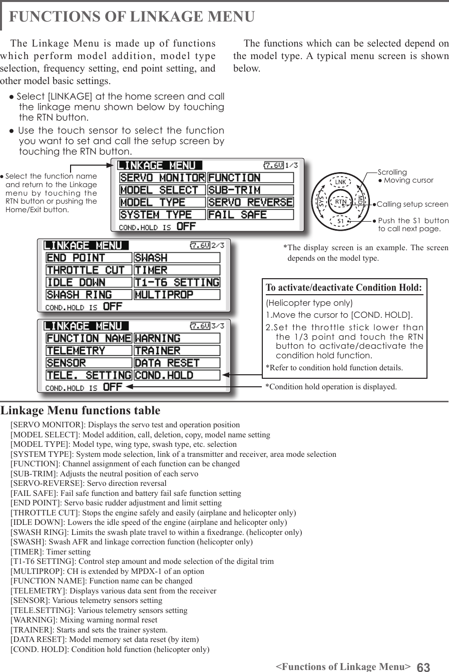 63&lt;Functions of Linkage Menu&gt;FUNCTIONS OF LINKAGE MENUThe Linkage Menu is made up of functions which perform model addition, model type selection, frequency setting, end point setting, and other model basic settings.The functions which can be selected depend on the model type. A typical menu screen is shown below.*The display screen is an example. The screen depends on the model type.Linkage Menu functions table[SERVO MONITOR]: Displays the servo test and operation position[MODEL SELECT]: Model addition, call, deletion, copy, model name setting[MODEL TYPE]: Model type, wing type, swash type, etc. selection[SYSTEM TYPE]: System mode selection, link of a transmitter and receiver, area mode selection[FUNCTION]: Channel assignment of each function can be changed[SUB-TRIM]: Adjusts the neutral position of each servo[SERVO-REVERSE]: Servo direction reversal[FAIL SAFE]: Fail safe function and battery fail safe function setting [END POINT]: Servo basic rudder adjustment and limit setting[THROTTLE CUT]: Stops the engine safely and easily (airplane and helicopter only)[IDLE DOWN]: Lowers the idle speed of the engine (airplane and helicopter only)[SWASH RING]: Limits the swash plate travel to within a xedrange. (helicopter only)[SWASH]: Swash AFR and linkage correction function (helicopter only)[TIMER]: Timer setting[T1-T6 SETTING]: Control step amount and mode selection of the digital trim[MULTIPROP]: CH is extended by MPDX-1 of an option[FUNCTION NAME]: Function name can be changed[TELEMETRY]: Displays various data sent from the receiver[SENSOR]: Various telemetry sensors setting[TELE.SETTING]: Various telemetry sensors setting[WARNING]: Mixing warning normal reset [TRAINER]: Starts and sets the trainer system.[DATA RESET]: Model memory set data reset (by item)[COND. HOLD]: Condition hold function (helicopter only)● Select [LINKAGE] at the home screen and call the linkage menu shown below  by touching the RTN button.● Use the  touch sensor to select  the function you want to set and call the setup screen by touching the RTN button. To activate/deactivate Condition Hold:(Helicopter type only)1.Move the cursor to [COND. HOLD].2.Set  the  throttle  stick  lower  than the  1/3  point  and  touch  the  RTN button to activate/deactivate  the condition hold function.*Refer to condition hold function details.*Condition hold operation is displayed.● Select the function name and return to the Linkage menu  by  touching  the RTN button or pushing the Home/Exit button. ●Calling setup screenScrolling● Moving cursor● Push  the S1  button to call next page. 