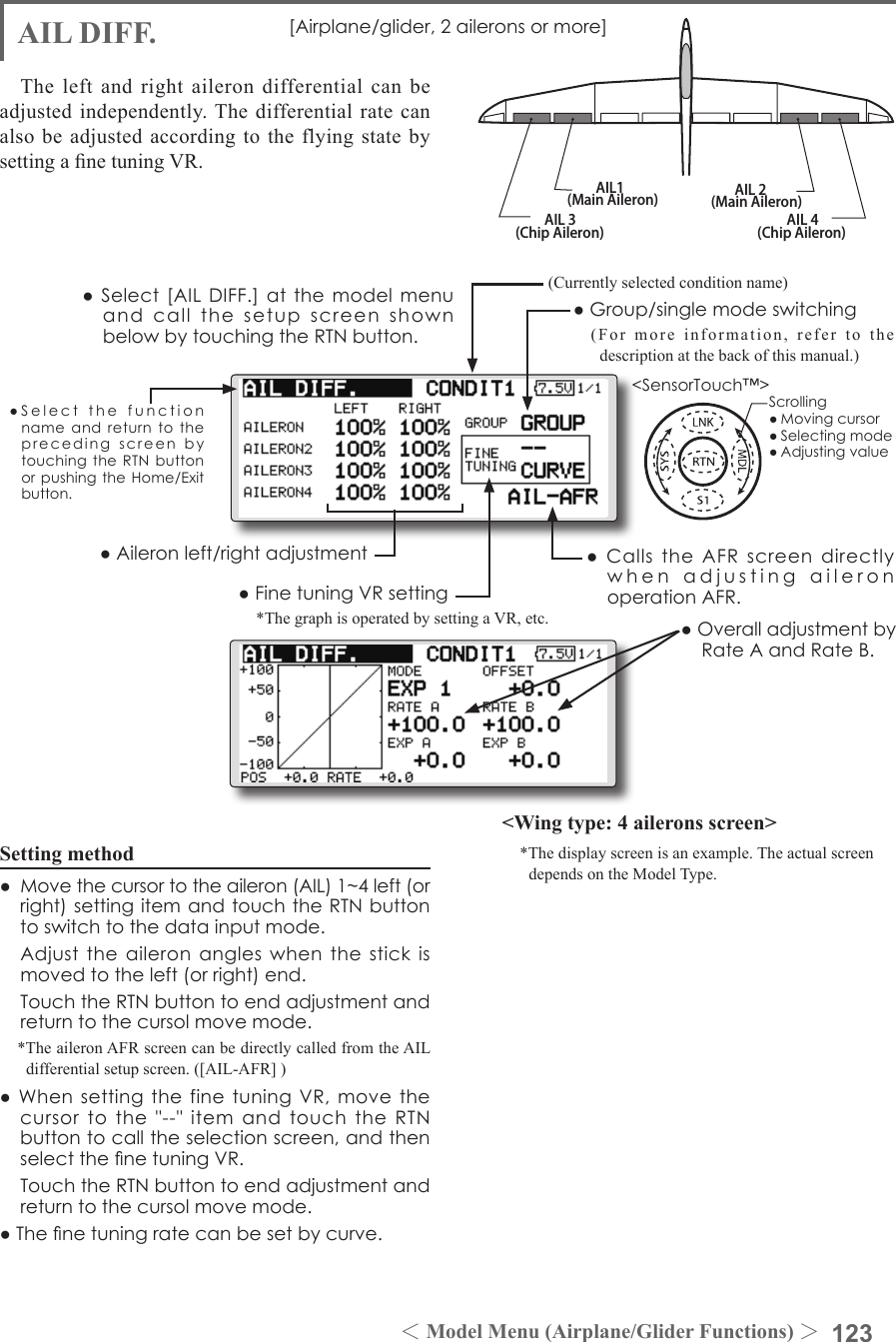 123＜Model Menu (Airplane/Glider Functions) ＞●SelectthefunctionnameandreturntotheprecedingscreenbytouchingtheRTNbuttonorpushingtheHome/Exitbutton.&lt;SensorTouch™&gt;AIL 3(Chip Aileron) AIL 4(Chip Aileron)AIL1(Main Aileron) AIL 2(Main Aileron)AIL DIFF. [Airplane/glider,2aileronsormore]The left and right aileron differential can be adjusted independently. The differential rate can also be adjusted according to the flying state by setting a ne tuning VR.●CallstheAFRscreendirectlywhenadjustingaileronoperationAFR.●FinetuningVRsetting*The graph is operated by setting a VR, etc.●Group/singlemodeswitching(For more information, refer to the description at the back of this manual.)●Aileronleft/rightadjustment&lt;Wing type: 4 ailerons screen&gt;*The display screen is an example. The actual screen depends on the Model Type.●OveralladjustmentbyRateAandRateB.Setting method●Movethecursortotheaileron(AIL)1~4left(orright)settingitemandtouchtheRTNbuttontoswitchtothedatainputmode. Adjusttheaileronangleswhenthestickismovedtotheleft(orright)end. TouchtheRTNbuttontoendadjustmentandreturntothecursolmovemode.*The aileron AFR screen can be directly called from the AIL differential setup screen. ([AIL-AFR] )●Whensettingthefine tuningVR,movethecursortothe&quot;--&quot;itemandtouchtheRTNbuttontocalltheselectionscreen,andthenselectthenetuningVR. TouchtheRTNbuttontoendadjustmentandreturntothecursolmovemode.●Thenetuningratecanbesetbycurve.(Currently selected condition name)●Select[AILDIFF.]atthemodelmenuandcallthesetupscreenshownbelowbytouchingtheRTNbutton.Scrolling●Movingcursor●Selectingmode●Adjustingvalue