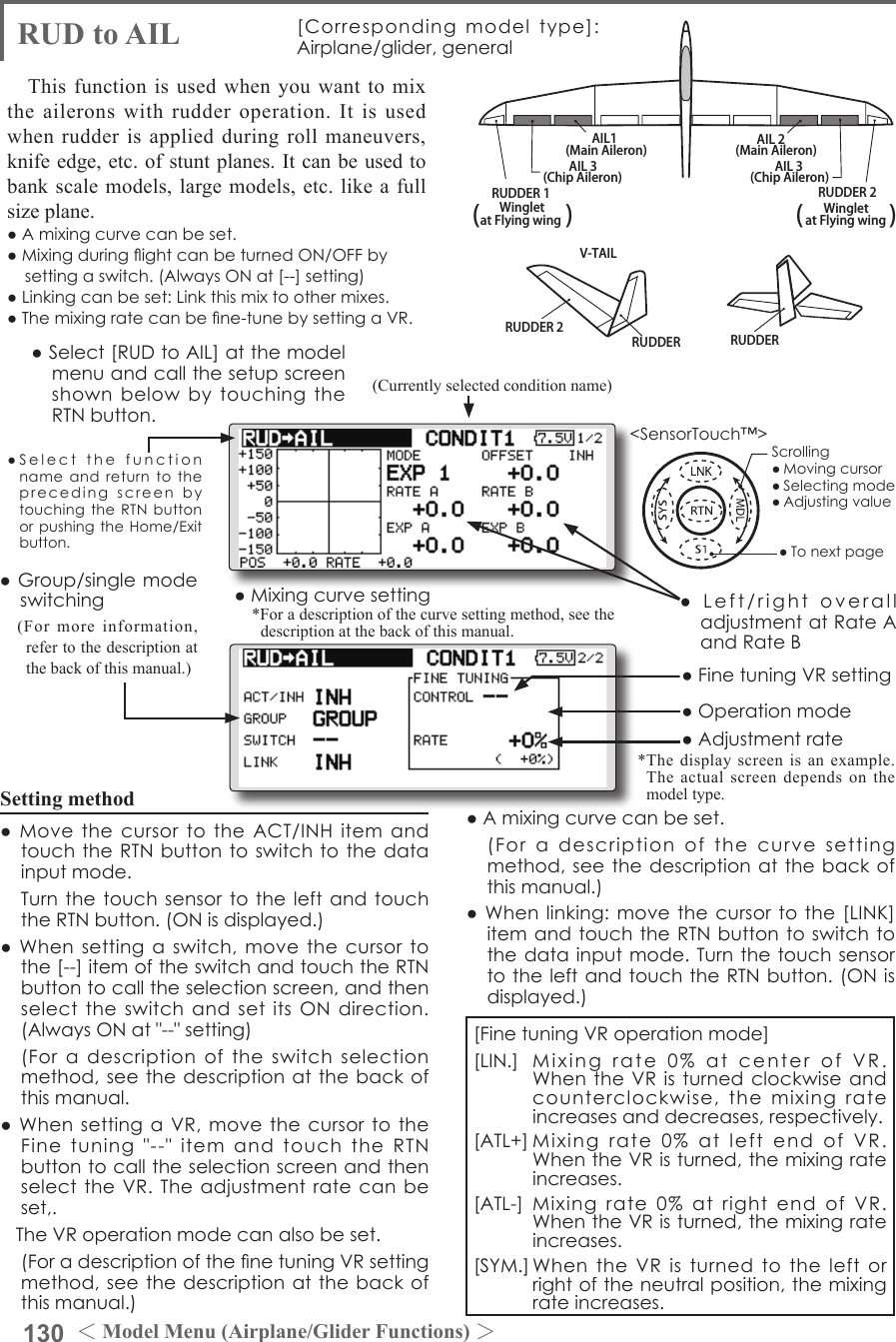 130 ＜Model Menu (Airplane/Glider Functions) ＞●SelectthefunctionnameandreturntotheprecedingscreenbytouchingtheRTNbuttonorpushingtheHome/Exitbutton.&lt;SensorTouch™&gt;RUDDER 2RUDDER RUDDERV-TAILRUDDER 2WingletRUDDER 1Wingletat Flying wing at Flying wing(               ) (               )AIL 3 AIL 3(Chip Aileron) (Chip Aileron)AIL1(Main Aileron) AIL 2(Main Aileron)RUD to AIL [Correspondingmodeltype]:Airplane/glider,generalThis function is used when you want to mix the ailerons with rudder operation. It is used when rudder is applied during roll maneuvers, knife edge, etc. of stunt planes. It can be used to bank scale models, large models, etc. like a full  size plane.●Amixingcurvecanbeset.●MixingduringightcanbeturnedON/OFFbysettingaswitch.(AlwaysONat[--]setting)●Linkingcanbeset:Linkthismixtoothermixes.●Themixingratecanbene-tunebysettingaVR.Setting method●MovethecursortotheACT/INHitemandtouchtheRTNbuttontoswitchtothedatainputmode. TurnthetouchsensortotheleftandtouchtheRTNbutton.(ONisdisplayed.)●Whensettingaswitch,movethecursortothe[--]itemoftheswitchandtouchtheRTNbuttontocalltheselectionscreen,andthenselecttheswitchandsetitsONdirection.(AlwaysONat&quot;--&quot;setting) (Foradescriptionoftheswitchselectionmethod,seethedescriptionatthebackofthismanual.●WhensettingaVR,movethecursortotheFinetuning&quot;--&quot;itemandtouchtheRTNbuttontocalltheselectionscreenandthenselecttheVR.Theadjustmentratecanbeset,.TheVRoperationmodecanalsobeset. (ForadescriptionofthenetuningVRsettingmethod,seethedescriptionatthebackofthismanual.)●Amixingcurvecanbeset. (Foradescriptionofthecurvesettingmethod,seethedescriptionatthebackofthismanual.)●Whenlinking:movethecursortothe[LINK]itemandtouchtheRTNbuttontoswitchtothedatainputmode.TurnthetouchsensortotheleftandtouchtheRTNbutton.(ONisdisplayed.)●Mixingcurvesetting*For a description of the curve setting method, see the description at the back of this manual.●Left/rightoveralladjustmentatRateAandRateB(Currently selected condition name)●Select[RUDtoAIL]atthemodelmenuandcallthesetupscreenshownbelowbytouchingtheRTNbutton.●Group/singlemodeswitching(For more information, refer to the description at the back of this manual.)*The display screen is an example. The actual screen depends on the model type.●FinetuningVRsetting●Adjustmentrate●Operationmode[FinetuningVRoperationmode][LIN.] Mixingrate0%atcenterofVR.WhentheVRisturnedclockwiseandcounterclockwise,themixingrateincreasesanddecreases,respectively.[ATL+]Mixingrate0%atleftendofVR.WhentheVRisturned,themixingrateincreases.[ATL-] Mixingrate0%atrightend ofVR.WhentheVRisturned,themixingrateincreases.[SYM.]WhentheVRisturnedtotheleftorrightoftheneutralposition,themixingrateincreases.Scrolling●Movingcursor●Selectingmode●Adjustingvalue●Tonextpage