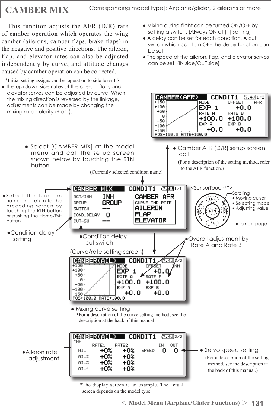 131＜Model Menu (Airplane/Glider Functions) ＞●SelectthefunctionnameandreturntotheprecedingscreenbytouchingtheRTNbuttonorpushingtheHome/Exitbutton.&lt;SensorTouch™&gt;CAMBER MIX [Correspondingmodeltype]:Airplane/glider,2aileronsormoreThis function adjusts the AFR (D/R) rate of camber operation which operates the wing camber (ailerons, camber flaps, brake flaps) in the negative and positive directions. The aileron, flap, and elevator rates can also be adjusted independently by curve, and attitude changes caused by camber operation can be corrected.*Initial setting assigns camber operation to side lever LS.●Theup/downsideratesoftheaileron,ap,andelevatorservoscanbeadjustedbycurve.Whenthemixingdirectionisreversedbythelinkage,adjustmentscanbemadebychangingthemixingratepolarity(+or-).●MixingduringightcanbeturnedON/OFFbysettingaswitch.(AlwaysONat[--]setting)●Adelaycanbesetforeachcondition.AcutswitchwhichcanturnOFFthedelayfunctioncanbeset.●Thespeedoftheaileron,ap,andelevatorservoscanbeset.(INside/OUTside)●Conditiondelaycutswitch●Conditiondelaysetting●CamberAFR(D/R)setupscreencall(For a description of the setting method, refer to the AFR function.)●Servospeedsetting(For a description of the setting method, see the description at the back of this manual.)●OveralladjustmentbyRateAandRateB●Aileronrateadjustment(Currently selected condition name)●Select[CAMBERMIX]atthemodelmenuandcallthesetupscreenshownbelowbytouchingtheRTNbutton.●Mixingcurvesetting*For a description of the curve setting method, see the description at the back of this manual.*The display screen is an example. The actual screen depends on the model type.(Curve/ratesettingscreen)Scrolling●Movingcursor●Selectingmode●Adjustingvalue●Tonextpage