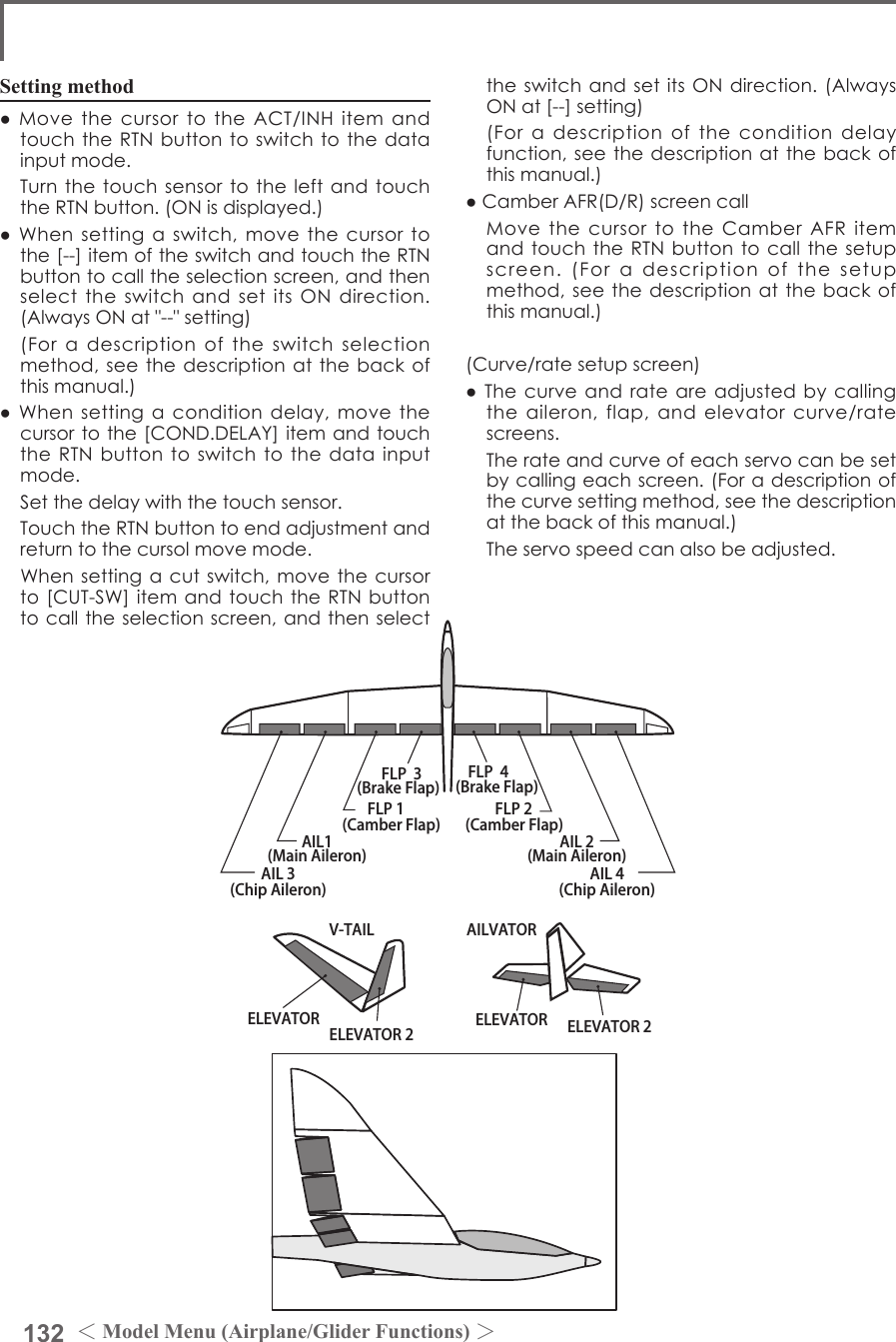 132 ＜Model Menu (Airplane/Glider Functions) ＞AIL 3(Chip Aileron) AIL 4(Chip Aileron)AIL1(Main Aileron) AIL 2(Main Aileron)FLP 2(Camber Flap)FLP 1(Camber Flap)ELEVATOR ELEVATOR 2V-TAILELEVATOR ELEVATOR 2AILVATORFLP  3(Brake Flap) FLP  4(Brake Flap)Setting method●MovethecursortotheACT/INHitemandtouchtheRTNbuttontoswitchtothedatainputmode. TurnthetouchsensortotheleftandtouchtheRTNbutton.(ONisdisplayed.)●Whensettingaswitch,movethecursortothe[--]itemoftheswitchandtouchtheRTNbuttontocalltheselectionscreen,andthenselecttheswitchandsetitsONdirection.(AlwaysONat&quot;--&quot;setting) (Foradescriptionoftheswitchselectionmethod,seethedescriptionatthebackofthismanual.)●Whensettingaconditiondelay,movethecursortothe[COND.DELAY]itemandtouchtheRTNbuttontoswitchtothedatainputmode. Setthedelaywiththetouchsensor. TouchtheRTNbuttontoendadjustmentandreturntothecursolmovemode. Whensettingacutswitch, movethecursorto[CUT-SW]itemandtouchtheRTNbuttontocalltheselectionscreen,andthenselecttheswitchandsetitsONdirection.(AlwaysONat[--]setting) (Foradescriptionoftheconditiondelayfunction,seethedescriptionatthebackofthismanual.)●CamberAFR(D/R)screencall MovethecursortotheCamberAFRitemandtouchtheRTNbuttontocallthesetupscreen.(Foradescriptionofthesetupmethod,seethedescriptionatthebackofthismanual.)(Curve/ratesetupscreen)●Thecurveandrateareadjustedbycallingtheaileron,flap,andelevatorcurve/ratescreens. Therateandcurveofeachservocanbesetbycallingeachscreen.(Foradescriptionofthecurvesettingmethod,seethedescriptionatthebackofthismanual.) Theservospeedcanalsobeadjusted.