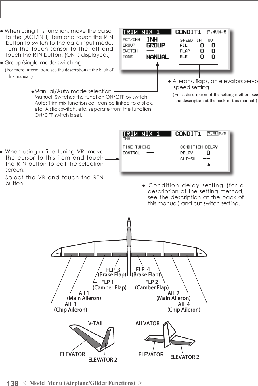 138 ＜Model Menu (Airplane/Glider Functions) ＞●Whenusingthisfunction,movethecursortothe[ACT/INH]itemandtouchtheRTNbuttontoswitchtothedatainputmode.TurnthetouchsensortotheleftandtouchtheRTNbutton.(ONisdisplayed.)●Group/singlemodeswitching(For more information, see the description at the back of this manual.)●WhenusingafinetuningVR,movethecursortothisitemandtouchtheRTNbuttontocalltheselectionscreen. SelecttheVRandtouchtheRTNbutton. ●Conditiondelaysetting(foradescriptionofthesettingmethod,seethedescriptionatthebackofthismanual)andcutswitchsetting.●Ailerons,aps,anelevatorsservospeedsetting(For a description of the setting method, see the description at the back of this manual.)●Manual/AutomodeselectionManual:SwitchesthefunctionON/OFFbyswitchAuto:Trimmixfunctioncallcanbelinkedtoastick,etc.Astickswitch,etc.separatefromthefunctionON/OFFswitchisset.AIL 3(Chip Aileron) AIL 4(Chip Aileron)AIL1(Main Aileron) AIL 2(Main Aileron)FLP 2(Camber Flap)FLP 1(Camber Flap)ELEVATOR ELEVATOR 2V-TAILELEVATOR ELEVATOR 2AILVATORFLP  3(Brake Flap) FLP  4(Brake Flap)