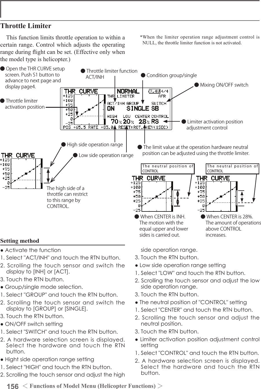 156 ＜Functions of Model Menu (Helicopter Functions) ＞Setting method●Activatethefunction1.Select&quot;ACT/INH&quot;andtouchtheRTNbutton.2.Scrollingthetouchsensorandswitchthedisplayto[INH]or[ACT].3.TouchtheRTNbutton.●Group/singlemodeselection.1.Select&quot;GROUP&quot;andtouchtheRTNbutton.2.Scrollingthetouchsensorandswitchthedisplayto[GROUP]or[SINGLE].3.TouchtheRTNbutton.●ON/OFFswitchsetting1.Select&quot;SWITCH&quot;andtouchtheRTNbutton.2.Ahardwareselectionscreenisdisplayed.SelectthehardwareandtouchtheRTNbutton.●Hightsideoperationrangesetting1.Select&quot;HIGH&quot;andtouchtheRTNbutton.2.Scrollingthetouchsensorandadjustthehighsideoperationrange.3.TouchtheRTNbutton.●Lowsideoperationrangesetting1.Select&quot;LOW&quot;andtouchtheRTNbutton.2.Scrollingthetouchsensorandadjustthelowsideoperationrange.3.TouchtheRTNbutton.●Theneutralpositionof&quot;CONTROL&quot;setting1.Select&quot;CENTER&quot;andtouchtheRTNbutton.2.Scrollingthetouchsensorandadjusttheneutralposition.3.TouchtheRTNbutton.●Limiteractivationpositionadjustmentcontrolsetting1.Select&quot;CONTROL&quot;andtouchtheRTNbutton.2.Ahardwareselectionscreenisdisplayed.SelectthehardwareandtouchtheRTNbutton.Throttle Limiter*When the limiter operation range adjustment control is NULL, the throttle limiter function is not activated.This function limits throttle operation to within a certain range. Control which adjusts the operating range during ight can be set. (Effective only when the model type is helicopter.)● Open the THR CURVE setup screen. Push S1 button to advance to next page and display page4.● Throttle limiter activation position● Condition group/single ● Throttle limiter function ACT/INH ● Mixing ON/OFF switch ● Limiter activation position adjustment control● The limit value at the operation hardware neutral position can be adjusted using the throttle limiter.● High side operation range● Low side operation range● When CENTER is INH.  The motion with the equal upper and lower sides is carried out.● When CENTER is 28%.  The amount of operations above CONTROL increases.　The high side of a throttle can restrict to this range by CONTROL.The  neutral  position  of  CONTROLThe  neutral  position  of  CONTROL