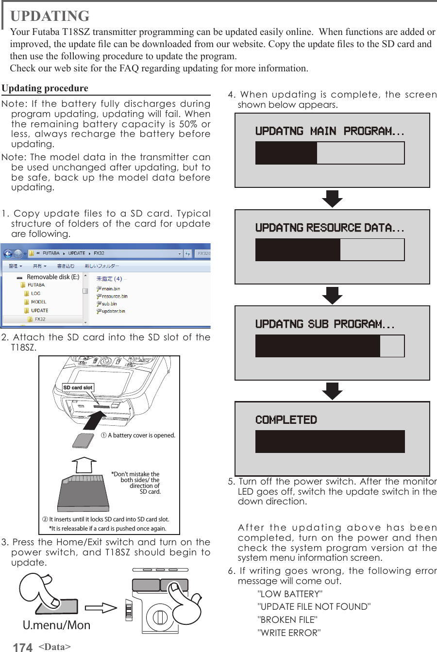 174 &lt;Data&gt;UPDATINGYour Futaba T18SZ transmitter programming can be updated easily online.  When functions are added or improved, the update le can be downloaded from our website. Copy the update les to the SD card and then use the following procedure to update the program.Check our web site for the FAQ regarding updating for more information.Updating procedureNote: If the battery fully discharges during program updating, updating will fail. When the remaining battery capacity is 50% or less, always recharge the battery before updating.Note: The model data in the transmitter can be used unchanged after updating, but to be safe, back up the model data before updating.1. Copy update files to a SD card. Typical structure of folders of the card for update are following.2. Attach the SD card into the SD slot of the T18SZ.3. Press the Home/Exit switch and turn on the power switch, and T18SZ should begin to update.4. When updating is complete, the screen shown below appears.  5. Turn off the power switch. After the monitor LED goes off, switch the update switch in the down direction.  After the updating above has been completed, turn on the power and then check the system program version at the system menu information screen.6. If writing goes wrong, the following error message will come out.&quot;LOW BATTERY&quot;&quot;UPDATE FILE NOT FOUND&quot;&quot;BROKEN FILE&quot;&quot;WRITE ERROR&quot;  Removable disk (E:)① A battery cover is opened.② It inserts until it locks SD card into SD card slot.*It is releasable if a card is pushed once again.*Don&apos;t mistake the both sides/ the direction of SD card.SD card slotU.menu/Mon