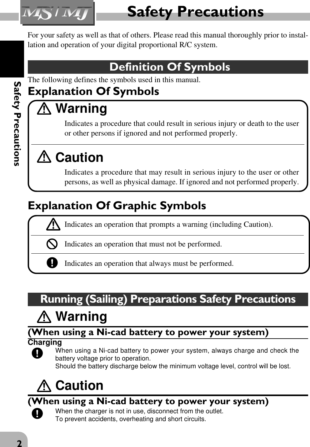 2Safety PrecautionsFor your safety as well as that of others. Please read this manual thoroughly prior to instal-lation and operation of your digital proportional R/C system. Definition Of SymbolsThe following defines the symbols used in this manual.Explanation Of SymbolsWarningIndicates a procedure that could result in serious injury or death to the useror other persons if ignored and not performed properly.CautionIndicates a procedure that may result in serious injury to the user or otherpersons, as well as physical damage. If ignored and not performed properly.Safety PrecautionsExplanation Of Graphic SymbolsIndicates an operation that prompts a warning (including Caution).Indicates an operation that must not be performed.Indicates an operation that always must be performed.Caution(When using a Ni-cad battery to power your system)When the charger is not in use, disconnect from the outlet.To prevent accidents, overheating and short circuits.Running (Sailing) Preparations Safety PrecautionsWarning(When using a Ni-cad battery to power your system)ChargingWhen using a Ni-cad battery to power your system, always charge and check thebattery voltage prior to operation.Should the battery discharge below the minimum voltage level, control will be lost.