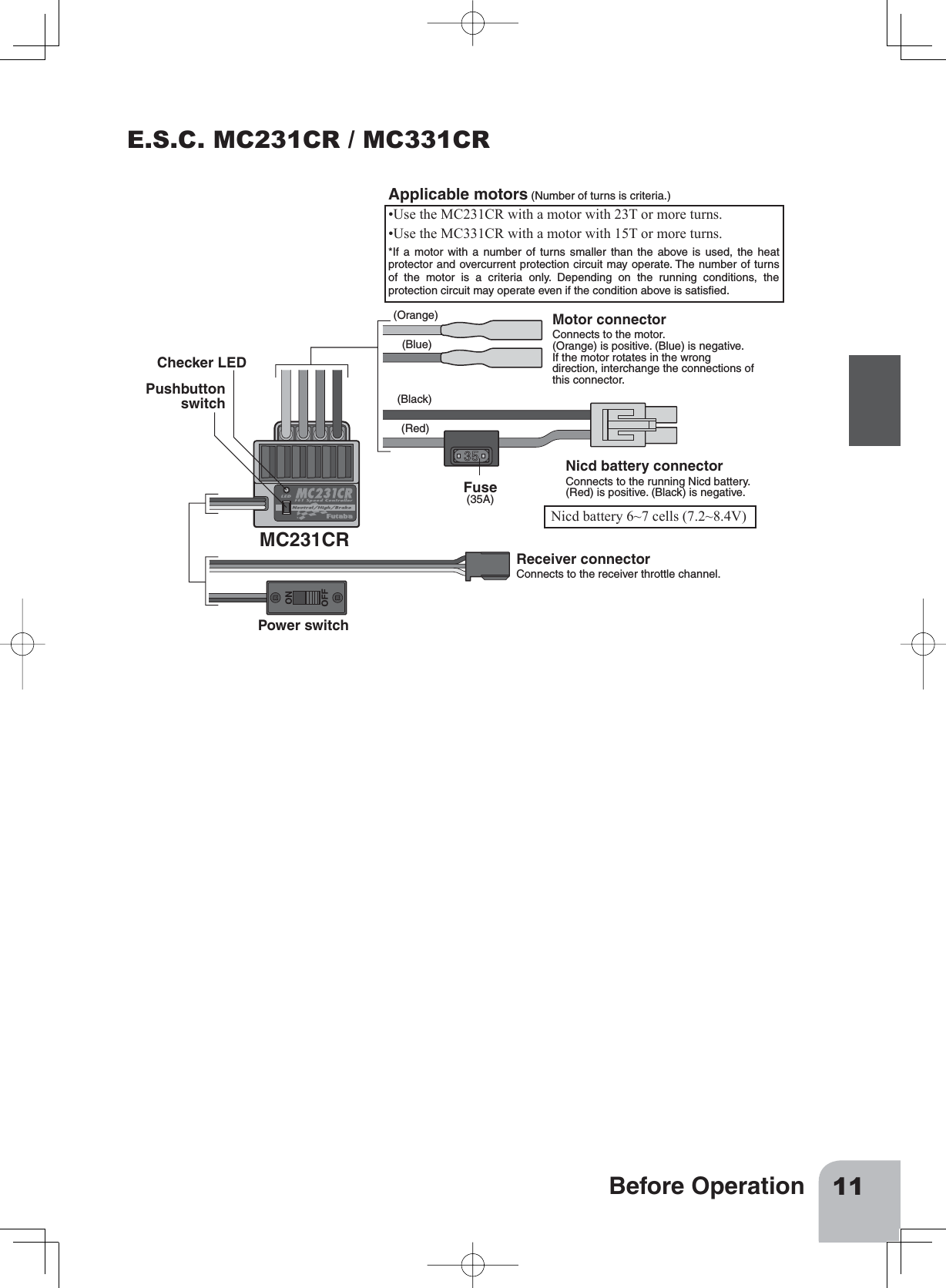 11Before OperationE.S.C. MC231CR / MC331CRMotor connectorConnects to the motor.(Orange) is positive. (Blue) is negative.If the motor rotates in the wrong direction, interchange the connections of this connector.Nicd battery connectorConnects to the running Nicd battery.(Red) is positive. (Black) is negative.Receiver connectorConnects to the receiver throttle channel.Checker LEDPower switchPushbuttonswitchMC231CR(Orange)(Blue)(Black)(Red)Fuse(35A)Applicable motors (Number of turns is criteria.)•Use the MC231CR with a motor with 23T or more turns.•Use the MC331CR with a motor with 15T or more turns.*If a motor with a number of turns smaller than the above is used, the heat protector and overcurrent protection circuit may operate. The number of turns of the motor is a criteria only. Depending on the running conditions, the protection circuit may operate even if the condition above is satisfied.Nicd battery 6~7 cells (7.2~8.4V)
