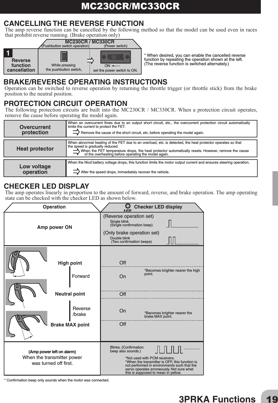 193PRKA FunctionsMC230CR/MC330CRBRAKE/REVERSE OPERATING INSTRUCTIONSOperation can be switched to reverse operation by returning the throttle trigger (or throttle stick) from the brake position to the neutral position.CANCELLING THE REVERSE FUNCTIONThe amp reverse function can be cancelled by the following method so that the model can be used even in races that prohibit reverse running. (Brake operation only)While pressing the pushbutton switch, set the power switch to ON.ONMC230CR / MC330CR(Pushbutton switch operation) (Power switch)1Reverse function cancellation* When desired, you can enable the cancelled reverse function by repeating the operation shown at the left. (The reverse function is switched alternately.)CHECKER LED DISPLAYThe amp operates linearly in proportion to the amount of forward, reverse, and brake operation. The amp operating state can be checked with the checker LED as shown below.PROTECTION CIRCUIT OPERATIONThe following protection circuits are built into the MC230CR / MC330CR. When a protection circuit operates, remove the cause before operating the model again.OperationAmp power ONChecker LED display(Reverse operation set)Single blink (Single confirmation beep)(Only brake operation set)OffOnOnOffOffDouble blink (Two confirmation beeps)Blinks. (Confirmation beep also sounds.)* Confirmation beep only sounds when the motor was connected.High pointNeutral pointBrake MAX point*Becomes brighter nearer the high point.*Becomes brighter nearer the brake MAX point.*Not used with PCM receivers.*When the transmitter is OFF, this function is not performed in environments such that the servo operates erroneously. Not sure what this is supposed to mean in yellow.When an overcurrent flows due to an output short circuit, etc., the overcurrent protection circuit automatically limits the current to protect the FET.Remove the cause of the short circuit, etc. before operating the model again.(Amp power left on alarm)When the transmitter powerwas turned off first.ForwardReverse/brakeOvercurrent protectionWhen abnormal heating of the FET due to an overload, etc. is detected, the heat protector operates so that the speed is gradually reduced.When the FET temperature drops, the heat protector automatically resets. However, remove the cause of the overheating before operating the model again.Heat protectorWhen the Nicd battery voltage drops, this function limits the motor output current and ensures steering operation.After the speed drops, immediately recover the vehicle.Low voltage operation