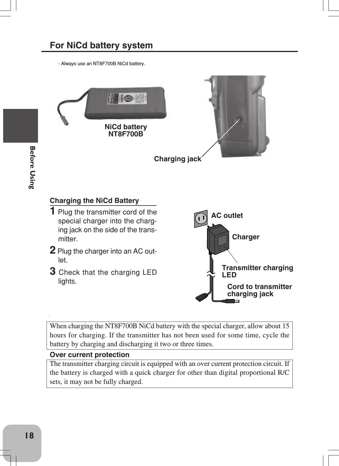 18Before UsingFor NiCd battery system- Always use an NT8F700B NiCd battery.NiCd batteryNT8F700BCharging the NiCd Battery1 Plug the transmitter cord of thespecial charger into the charg-ing jack on the side of the trans-mitter.2 Plug the charger into an AC out-let.3 Check that the charging LEDlights.ChargerTransmitter chargingLEDCord to transmittercharging jackWhen charging the NT8F700B NiCd battery with the special charger, allow about 15hours for charging. If the transmitter has not been used for some time, cycle thebattery by charging and discharging it two or three times.Over current protectionThe transmitter charging circuit is equipped with an over current protection circuit. Ifthe battery is charged with a quick charger for other than digital proportional R/Csets, it may not be fully charged.AC outletCharging jack