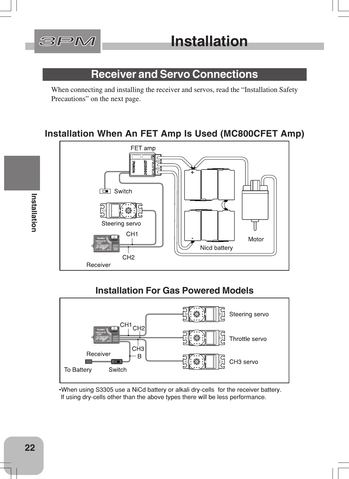 22InstallationInstallationReceiver and Servo ConnectionsInstallation When An FET Amp Is Used (MC800CFET Amp)When connecting and installing the receiver and servos, read the “Installation SafetyPrecautions” on the next page.Installation For Gas Powered Models•When using S3305 use a NiCd battery or alkali dry-cells  for the receiver battery. If using dry-cells other than the above types there will be less performance.