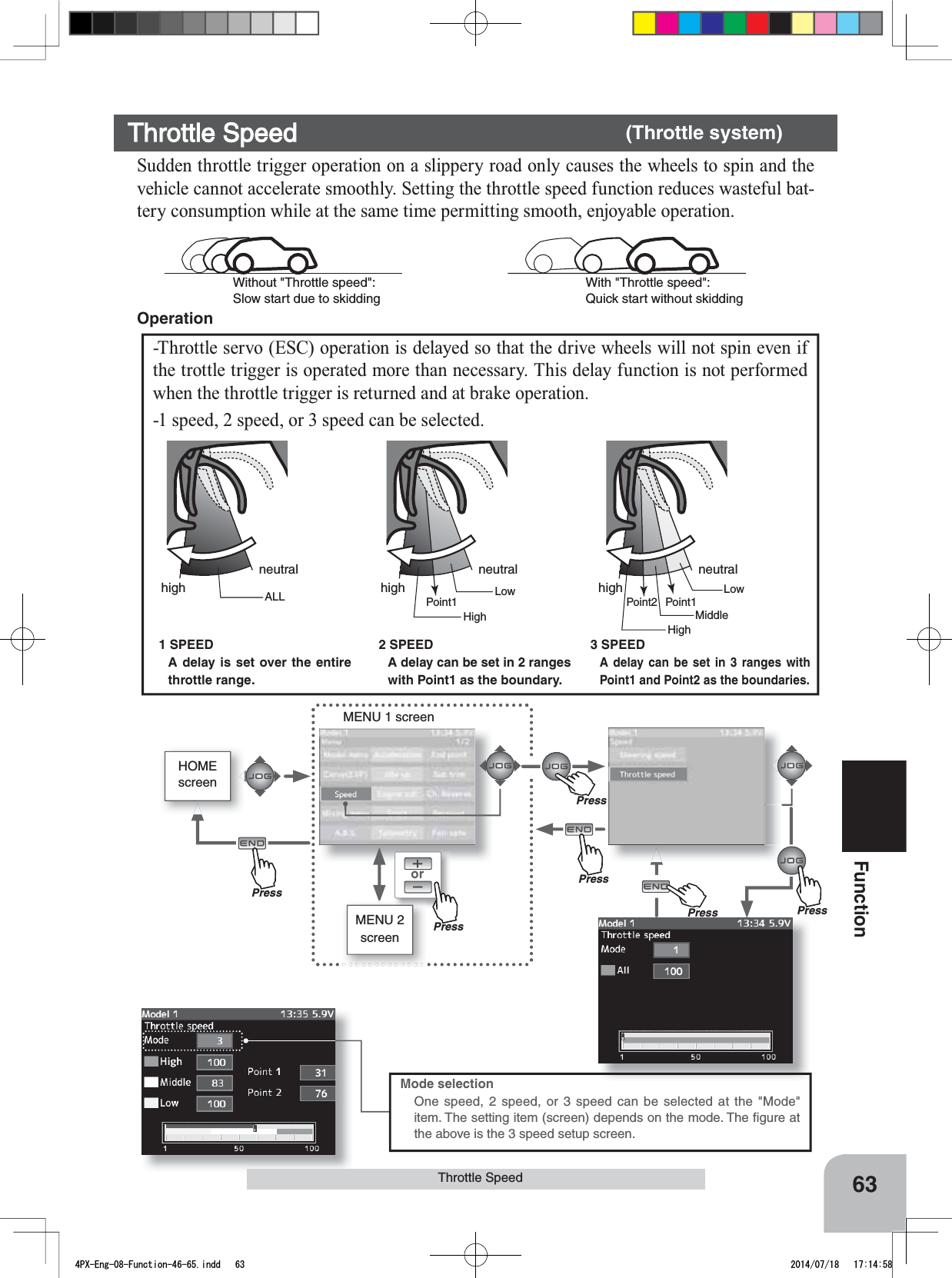 orMENU 1 screenHOMEscreenMENU 2 screenPressPressPressPress1 SPEEDA delay is set over the entire throttle range.2 SPEEDA delay can be set in 2 ranges with Point1 as the boundary.3 SPEEDA delay can be set in 3 ranges with Point1 and Point2 as the boundaries.Point1highneutralhighneutralhighneutralPoint2Point1ALL LowHighLowHighMiddle-Throttle servo (ESC) operation is delayed so that the drive wheels will not spin even if the trottle trigger is operated more than necessary. This delay function is not performed when the throttle trigger is returned and at brake operation.-1 speed, 2 speed, or 3 speed can be selected.OperationMode selectionOne speed, 2 speed, or 3 speed can be selected at the &quot;Mode&quot; item. The setting item (screen) depends on the mode. The ﬁgure at the above is the 3 speed setup screen.PrePressPrePress63FunctionWith &quot;Throttle speed&quot;: Quick start without skiddingWithout &quot;Throttle speed&quot;: Slow start due to skiddingThrottle SpeedThrottle Speed (Throttle system)Sudden throttle trigger operation on a slippery road only causes the wheels to spin and the vehicle cannot accelerate smoothly. Setting the throttle speed function reduces wasteful bat-tery consumption while at the same time permitting smooth, enjoyable operation.4PX-Eng-08-Function-46-65.indd   63 2014/07/18   17:14:58