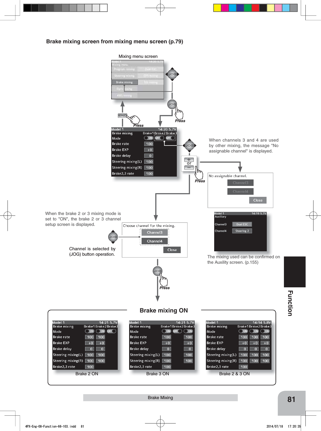 Brake 2 ON Brake 3 ON Brake 2 &amp; 3 ONBrake mixing ONMixing menu screenPressPu hPress81FunctionBrake MixingWhen the brake 2 or 3 mixing mode is set to &quot;ON&quot;, the brake 2 or 3 channel setup screen is displayed.Channel is selected by (JOG) button operation.When channels 3 and 4 are used by other mixing, the message &quot;No assignable channel&quot; is displayed.The mixing used can be conﬁrmed on the Auxility screen. (p.155)orBrake mixing screen from mixing menu screen (p.79)PressPress4PX-Eng-08-Function-66-103.indd   81 2014/07/18   17:20:35