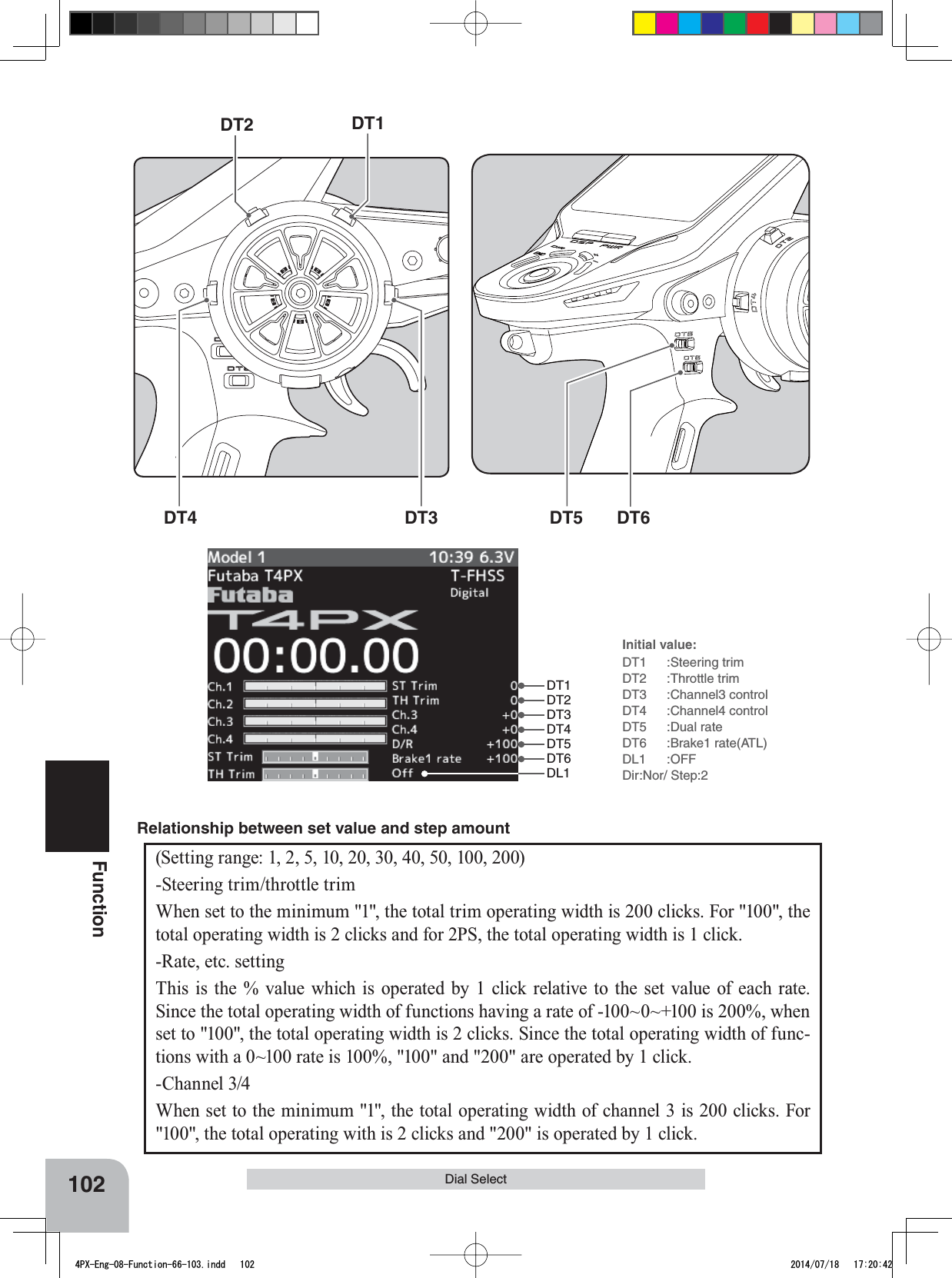 DT1DT2DT3DT4DT5DT6DL1DT5 DT6DT1DT2DT4 DT3102FunctionDial SelectInitial value: DT1 :Steering trimDT2 :Throttle trimDT3 :Channel3 controlDT4 :Channel4 controlDT5 :Dual rateDT6 :Brake1 rate(ATL)DL1 :OFFDir:Nor/ Step:2(Setting range: 1, 2, 5, 10, 20, 30, 40, 50, 100, 200)-Steering trim/throttle trimWhen set to the minimum &quot;1&quot;, the total trim operating width is 200 clicks. For &quot;100&quot;, the total operating width is 2 clicks and for 2PS, the total operating width is 1 click.-Rate, etc. settingThis is the % value which is operated by 1 click relative to the set value of each rate. Since the total operating width of functions having a rate of -100~0~+100 is 200%, when set to &quot;100&quot;, the total operating width is 2 clicks. Since the total operating width of func-tions with a 0~100 rate is 100%, &quot;100&quot; and &quot;200&quot; are operated by 1 click.-Channel 3/4When set to the minimum &quot;1&quot;, the total operating width of channel 3 is 200 clicks. For &quot;100&quot;, the total operating with is 2 clicks and &quot;200&quot; is operated by 1 click.Relationship between set value and step amount4PX-Eng-08-Function-66-103.indd   102 2014/07/18   17:20:42