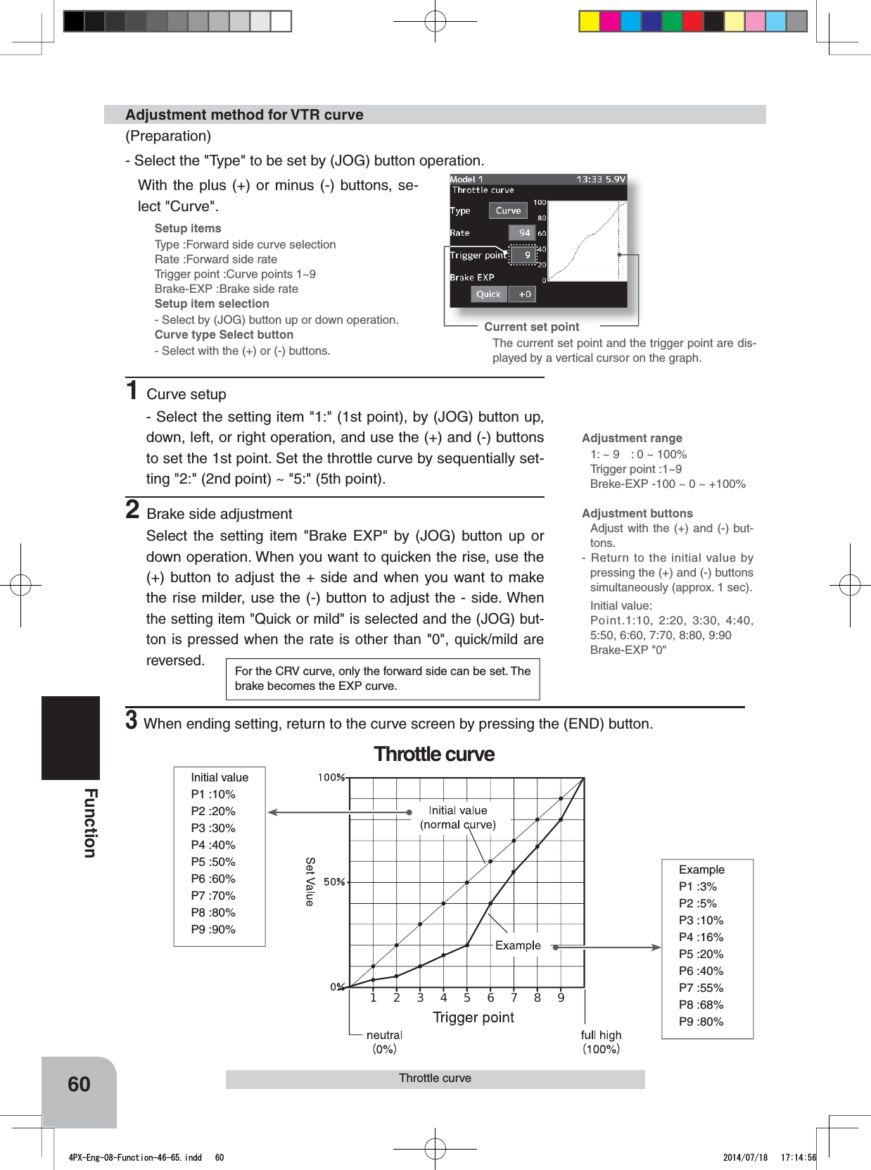 Throttle curveSetup itemsType :Forward side curve selectionRate :Forward side rateTrigger point :Curve points 1~9Brake-EXP :Brake side rateSetup item selection- Select by (JOG) button up or down operation.Curve type Select button- Select with the (+) or (-) buttons.12345678960FunctionThrottle curveInitial valueP1 :10%P2 :20%P3 :30%P4 :40%P5 :50%P6 :60%P7 :70%P8 :80%P9 :90%ExampleP1 :3%P2 :5%P3 :10%P4 :16%P5 :20%P6 :40%P7 :55%P8 :68%P9 :80%Current set pointThe current set point and the trigger point are dis-played by a vertical cursor on the graph.(Preparation)- Select the &quot;Type&quot; to be set by (JOG) button operation. With the plus (+) or minus (-) buttons, se-lect &quot;Curve&quot;.Adjustment method for VTR curveAdjustment range1: ~ 9 : 0 ~ 100%Trigger point :1~9Breke-EXP -100 ~ 0 ~ +100%Adjustment buttonsAdjust with the (+) and (-) but-tons.- Return to the initial value by pressing the (+) and (-) buttons simultaneously (approx. 1 sec).Initial value:Point.1:10, 2:20, 3:30, 4:40, 5:50, 6:60, 7:70, 8:80, 9:90Brake-EXP &quot;0&quot;For the CRV curve, only the forward side can be set. The brake becomes the EXP curve.1Curve setup- Select the setting item &quot;1:&quot; (1st point), by (JOG) button up, down, left, or right operation, and use the (+) and (-) buttons to set the 1st point. Set the throttle curve by sequentially set-ting &quot;2:&quot; (2nd point) ~ &quot;5:&quot; (5th point).2Brake side adjustmentSelect the setting item &quot;Brake EXP&quot; by (JOG) button up or down operation. When you want to quicken the rise, use the (+) button to adjust the + side and when you want to make the rise milder, use the (-) button to adjust the - side. Whenthe setting item &quot;Quick or mild&quot; is selected and the (JOG) but-ton is pressed when the rate is other than &quot;0&quot;, quick/mild are reversed.3When ending setting, return to the curve screen by pressing the (END) button.4PX-Eng-08-Function-46-65.indd   60 2014/07/18   17:14:56