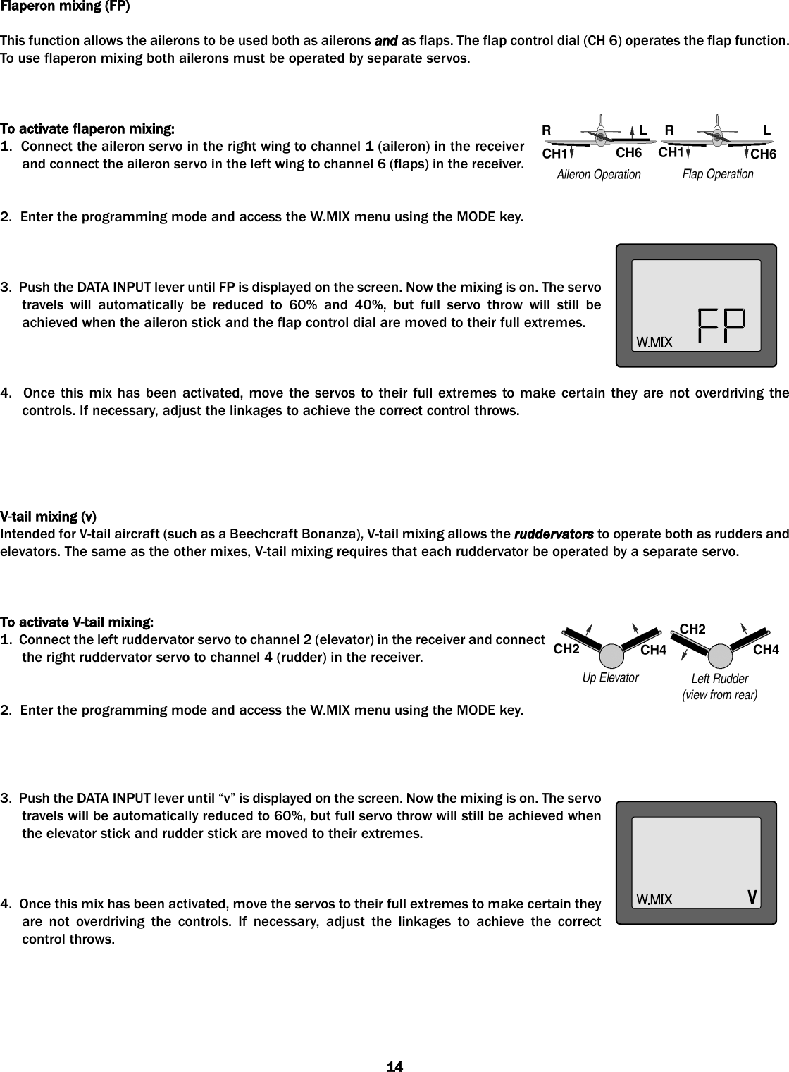 Flaperon mmixing ((FP)This function allows the ailerons to be used both as ailerons and as flaps. The flap control dial (CH 6) operates the flap function.To use flaperon mixing both ailerons must be operated by separate servos. To aactivate fflaperon mmixing:1.  Connect the aileron servo in the right wing to channel 1 (aileron) in the receiverand connect the aileron servo in the left wing to channel 6 (flaps) in the receiver.2.  Enter the programming mode and access the W.MIX menu using the MODE key. 3.  Push the DATA INPUT lever until FP is displayed on the screen. Now the mixing is on. The servotravels will automatically be reduced to 60% and 40%, but full servo throw will still beachieved when the aileron stick and the flap control dial are moved to their full extremes.4.  Once this mix has been activated, move the servos to their full extremes to make certain they are not overdriving thecontrols. If necessary, adjust the linkages to achieve the correct control throws.V-ttail mmixing ((v)Intended for V-tail aircraft (such as a Beechcraft Bonanza), V-tail mixing allows the ruddervators to operate both as rudders andelevators. The same as the other mixes, V-tail mixing requires that each ruddervator be operated by a separate servo. To aactivate VV-ttail mmixing:1.  Connect the left ruddervator servo to channel 2 (elevator) in the receiver and connectthe right ruddervator servo to channel 4 (rudder) in the receiver.2.  Enter the programming mode and access the W.MIX menu using the MODE key. 3.  Push the DATA INPUT lever until “v” is displayed on the screen. Now the mixing is on. The servotravels will be automatically reduced to 60%, but full servo throw will still be achieved whenthe elevator stick and rudder stick are moved to their extremes.4.  Once this mix has been activated, move the servos to their full extremes to make certain theyare not overdriving the controls. If necessary, adjust the linkages to achieve the correctcontrol throws.14