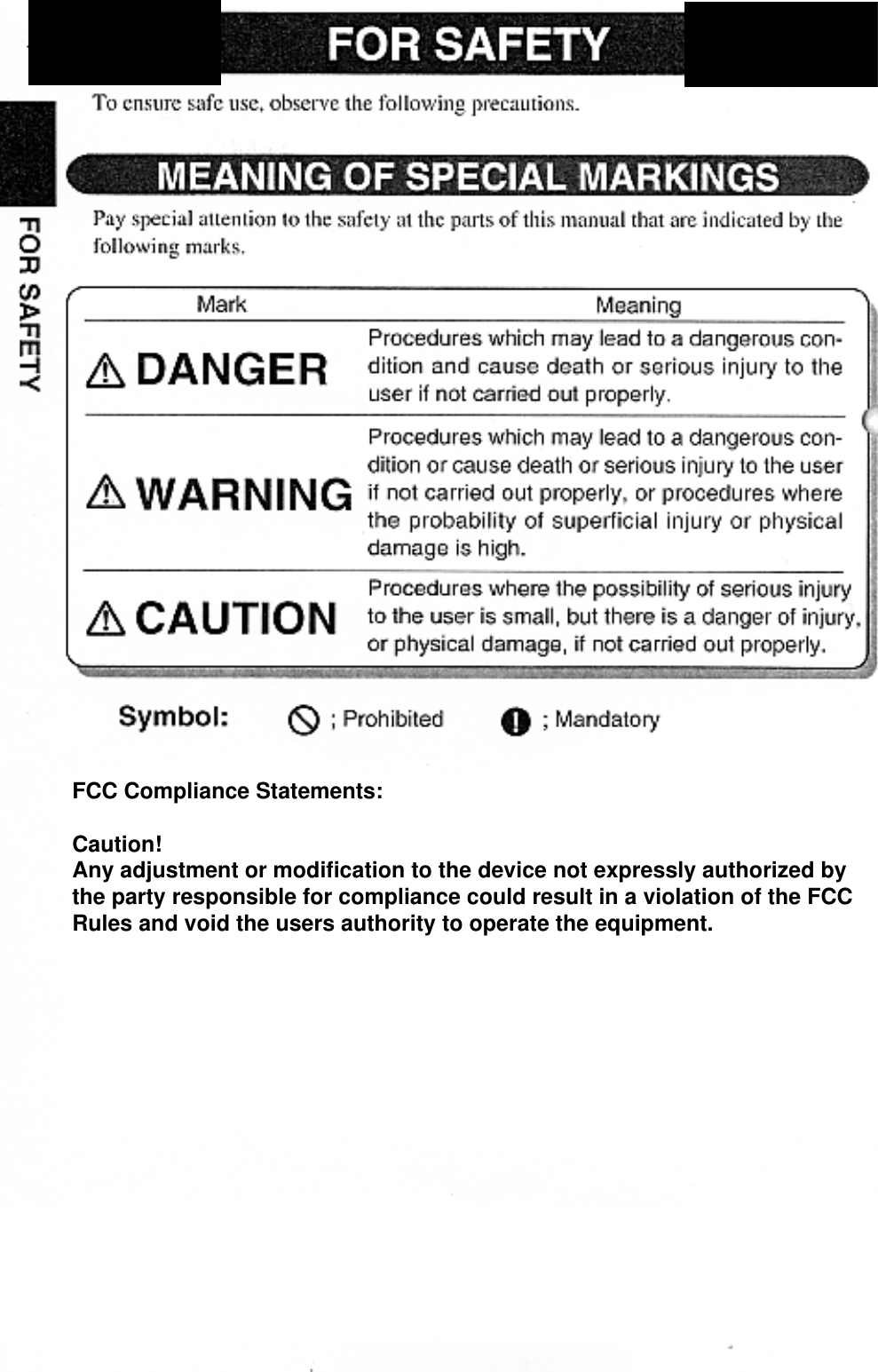 FCC Compliance Statements:Caution!Any adjustment or modification to the device not expressly authorized bythe party responsible for compliance could result in a violation of the FCCRules and void the users authority to operate the equipment.