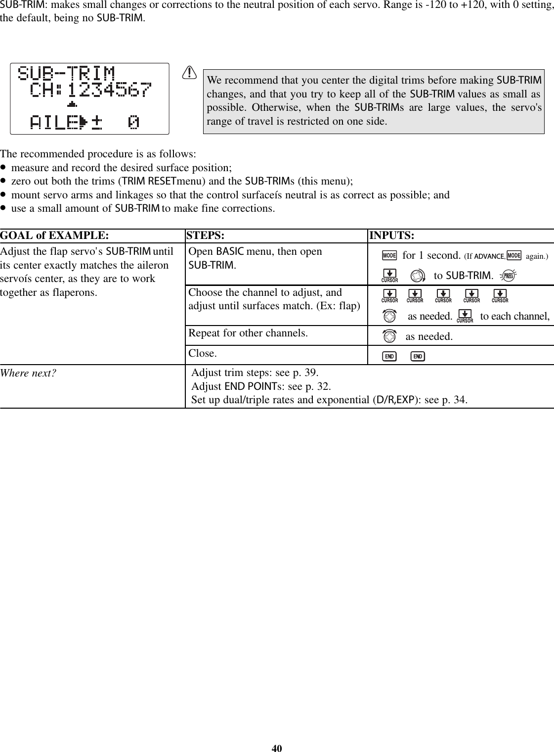 SUB-TRIM:makes small changes or corrections to the neutral position of each servo. Range is -120 to +120, with 0 setting,the default, being no SUB-TRIM.The recommended procedure is as follows:•measure and record the desired surface position;•zero out both the trims (TRIM RESETmenu) and the SUB-TRIMs (this menu);•mount servo arms and linkages so that the control surfaceís neutral is as correct as possible; and•use a small amount of SUB-TRIM to make fine corrections.GOAL of EXAMPLE: STEPS: INPUTS:We recommend that you center the digital trims before making SUB-TRIMchanges, and that you try to keep all of the SUB-TRIM values as small aspossible. Otherwise, when the SUB-TRIMs are large values, the servo&apos;srange of travel is restricted on one side.40Adjust the flap servo&apos;s SUB-TRIM untilits center exactly matches the aileronservoís center, as they are to worktogether as flaperons.Where next?Open BASIC menu, then openSUB-TRIM.Choose the channel to adjust, andadjust until surfaces match. (Ex: flap)Repeat for other channels.Close.for 1 second. (If ADVANCE,again.)to SUB-TRIM.as needed. to each channel,as needed.Adjust trim steps: see p. 39.Adjust END POINTs: see p. 32.Set up dual/triple rates and exponential (D/R,EXP): see p. 34.