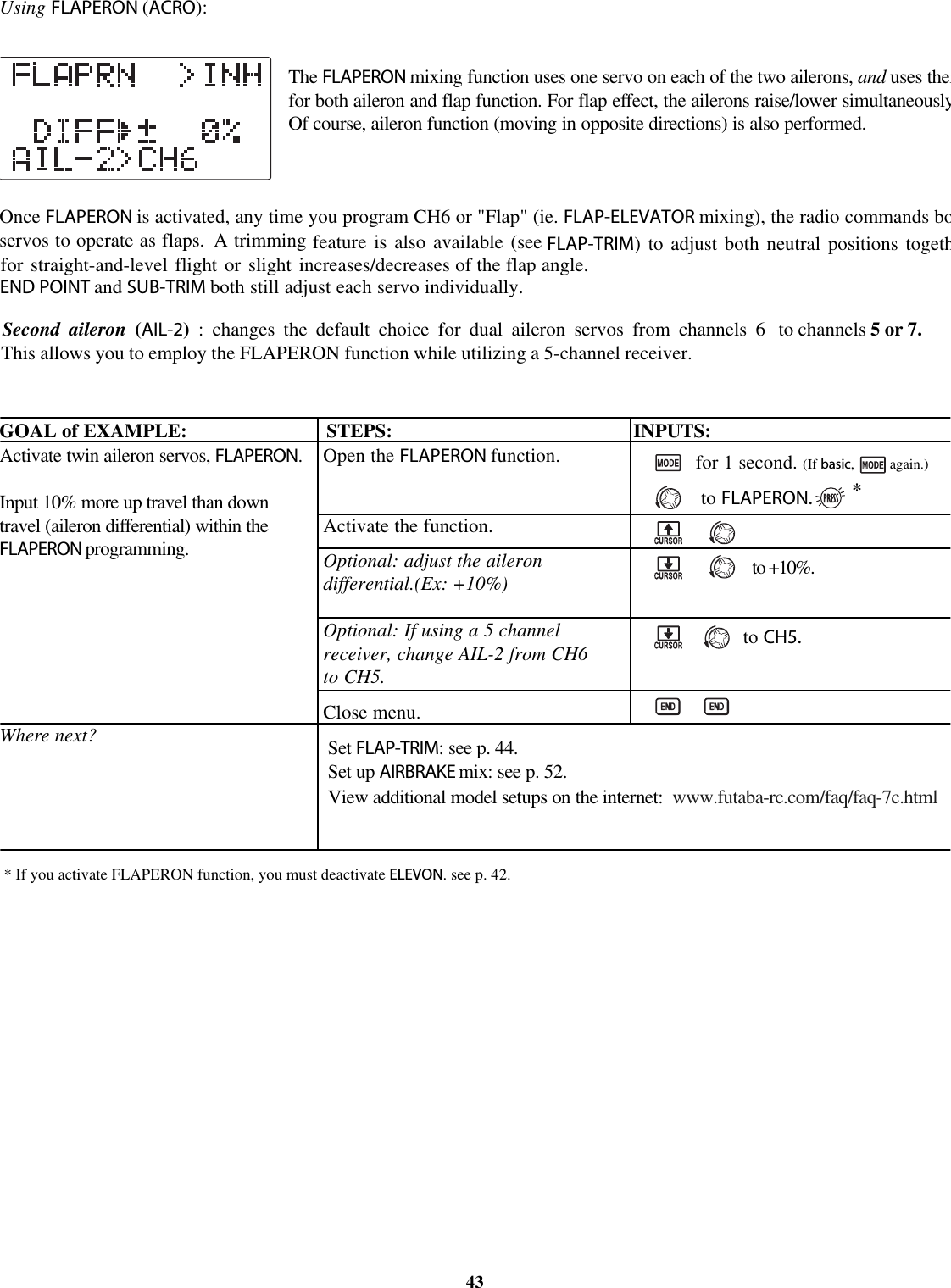 Using FLAPERON (ACRO):The FLAPERON mixing function uses one servo on each of the two ailerons, and uses themfor both aileron and flap function. For flap effect, the ailerons raise/lower simultaneouslyOf course, aileron function (moving in opposite directions) is also performed.Once FLAPERON is activated, any time you program CH6 or &quot;Flap&quot; (ie. FLAP-ELEVATOR mixing), the radio commands boservos to operate as flaps. A trimming feature is also available (see FLAP-TRIM)toadjust both neutral positions togethfor straight-and-level flight or slight increases/decreases of the flap angle.END POINT and SUB-TRIM both still adjust each servo individually.GOAL of EXAMPLE: STEPS: INPUTS:*Ifyou activate FLAPERON function, you must deactivate ELEVON.seep. 42.43Activate twin aileron servos, FLAPERON.Input 10% more up travel than downtravel (aileron differential) within theFLAPERON programming.Where next?Open the FLAPERON function.Activate the function.Optional: adjust the ailerondifferential.(Ex: +10%)Optional: If usinga5channelreceiver, change AIL-2 from CH6to CH5.Close menu.for 1 second. (If basic,again.)to FLAPERON. *to +10%.to CH5.Set FLAP-TRIM:seep.44.Set up AIRBRAKE mix: see p. 52.View additional model setups on the internet: www.futaba-rc.com/faq/faq-7c.htmlSecond aileron (AIL-2): changes the default choice for dual aileron servos from channels 6 to channels 5or7.This allows you to employ the FLAPERON function while utilizing a 5-channel receiver.
