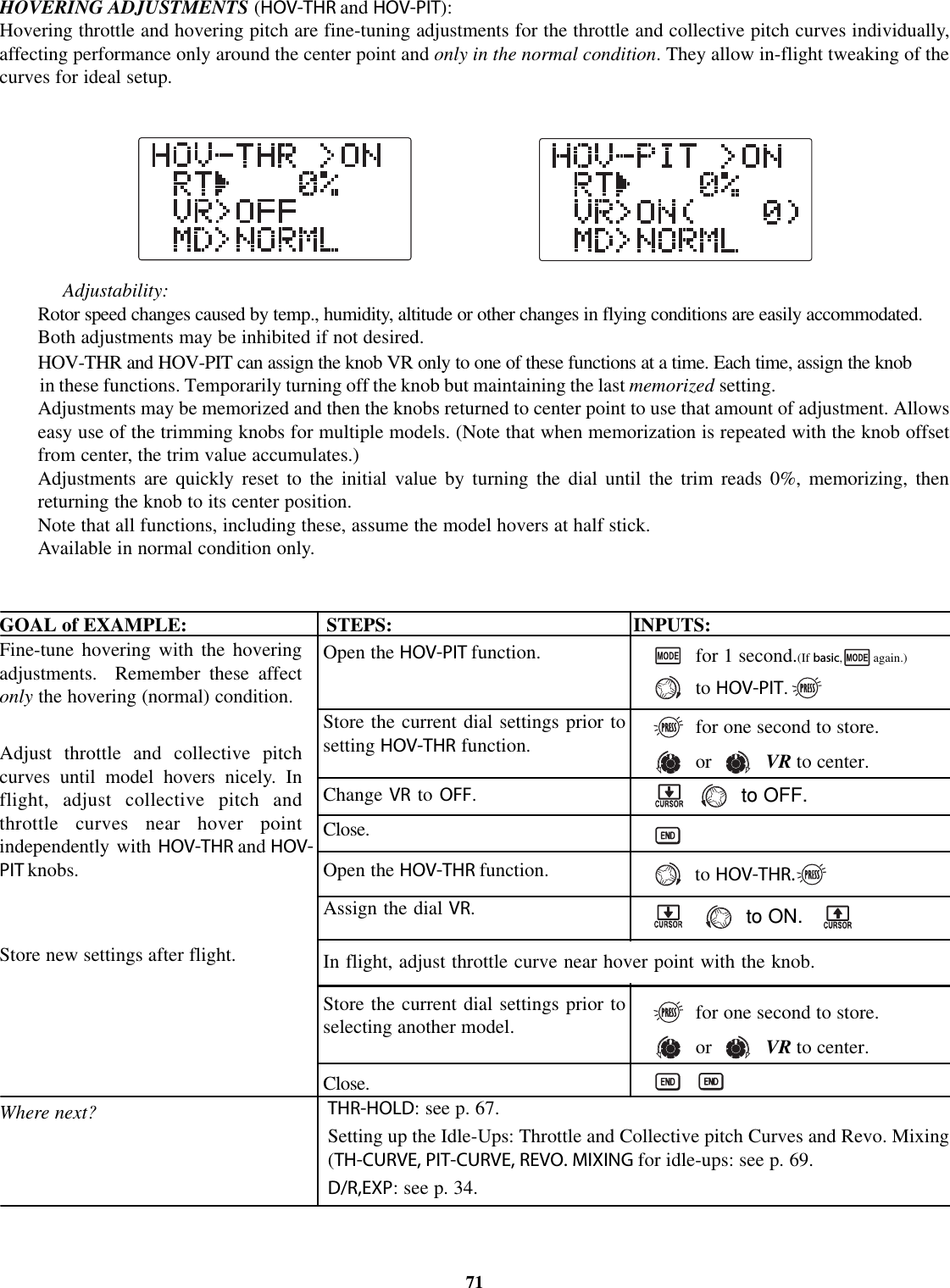 HOVERING ADJUSTMENTS (HOV-THR and HOV-PIT):Hovering throttle and hovering pitch are fine-tuning adjustments for the throttle and collective pitch curves individually,affecting performance only around the center point and only in the normal condition. They allow in-flight tweaking of thecurves for ideal setup.Adjustability:Rotor speed changes caused by temp., humidityHOV-THR and HOV-PIT can assign the knob VR only to one of these functions at a time. Each time, assign the knob,altitude or other changes in flying conditions are easily accommodated.Both adjustments may be inhibited if not desired.in these functions. Temporarily turning off the knob but maintaining the last memorized setting.Adjustments may be memorized and then the knobs returned to center point to use that amount of adjustment. Allowseasy use of the trimming knobs for multiple models. (Note that when memorization is repeated with the knob offsetfrom center, the trim value accumulates.)Adjustments are quickly reset to the initial value by turning the dial until the trim reads 0%, memorizing, thenreturning the knob to its center position.Note that all functions, including these, assume the model hovers at half stick.Available in normal condition only.GOAL of EXAMPLE: STEPS: INPUTS:71Fine-tune hovering with the hoveringadjustments. Remember these affectonly the hovering (normal) condition.Adjust throttle and collective pitchcurves until model hovers nicely. Inflight, adjust collective pitch andthrottle curves near hover pointindependently with HOV-THR and HOV-PIT knobs.Store new settings after flight.Where next?Open the HOV-THR function.Assign the dial VR.Store the current dial settings prior toselecting another model.Close.Open the HOV-PIT function.Store the current dial settings prior toChange VR to OFF.setting HOV-THR function.Close.for 1 second.(If basic, again.)to HOV-THR.to ON.for one second to store.or VR to center.to HOV-PIT.for one second to store.or VR to center.to OFF.THR-HOLD: see p. 67.Setting up the Idle-Ups: Throttle and Collective pitch Curves and Revo. Mixing(TH-CURVE, PIT-CURVE, REVO. MIXING for idle-ups: see p. 69.D/R,EXP: see p. 34.In flight, adjust throttle curve near hover point with the knob.