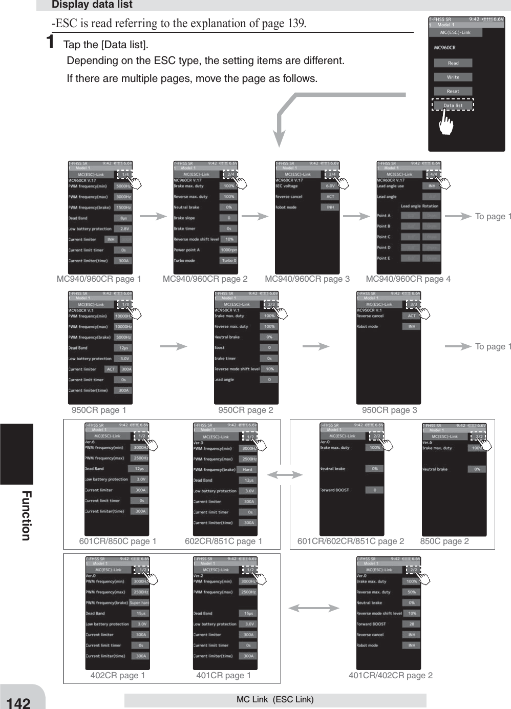 142FunctionMC Link  (ESC Link)-ESC is read referring to the explanation of page 139. 1 Tap the [Data list]. Depending on the ESC type, the setting items are different.If there are multiple pages, move the page as follows.Display data listMC940/960CR page 1950CR page 1601CR/850C page 1402CR page 1602CR/851C page 1401CR page 1 401CR/402CR page 2601CR/602CR/851C page 2 850C page 2950CR page 2 950CR page 3MC940/960CR page 2 MC940/960CR page 3 MC940/960CR page 4To page 1To page 1