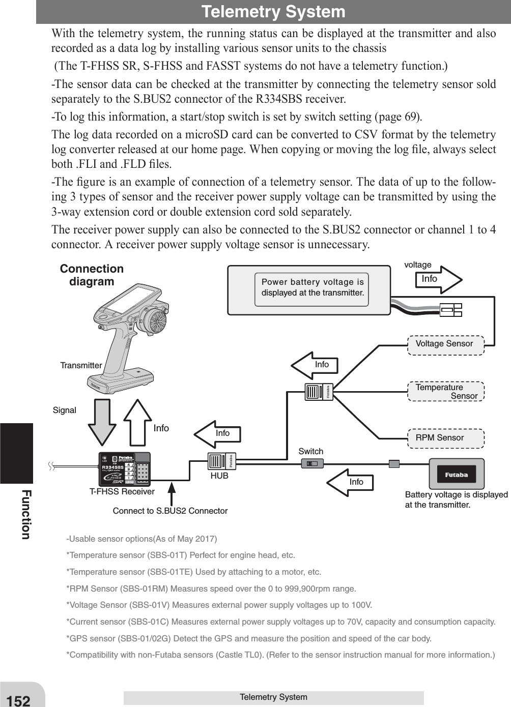 152FunctionTelemetry SystemWith the telemetry system, the running status can be displayed at the transmitter and also recorded as a data log by installing various sensor units to the chassis (The T-FHSS SR, S-FHSS and FASST systems do not have a telemetry function.)-The sensor data can be checked at the transmitter by connecting the telemetry sensor sold separately to the S.BUS2 connector of the R334SBS receiver. -To log this information, a start/stop switch is set by switch setting (page 69).The log data recorded on a microSD card can be converted to CSV format by the telemetry log converter released at our home page. When copying or moving the log ¿le, always select both .FLI and .FLD ¿les.-The  ¿gure is an example of connection of a telemetry sensor. The data of up to the follow-ing 3 types of sensor and the receiver power supply voltage can be transmitted by using the 3-way extension cord or double extension cord sold separately.The receiver power supply can also be connected to the S.BUS2 connector or channel 1 to 4 connector. A receiver power supply voltage sensor is unnecessary.-Usable sensor options(As of May 2017)*Temperature sensor (SBS-01T) Perfect for engine head, etc.*Temperature sensor (SBS-01TE) Used by attaching to a motor, etc.*RPM Sensor (SBS-01RM) Measures speed over the 0 to 999,900rpm range.*Voltage Sensor (SBS-01V) Measures external power supply voltages up to 100V.*Current sensor (SBS-01C) Measures external power supply voltages up to 70V, capacity and consumption capacity.*GPS sensor (SBS-01/02G) Detect the GPS and measure the position and speed of the car body.*Compatibility with non-Futaba sensors (Castle TL0). (Refer to the sensor instruction manual for more information.)InfoInfoInfoInfoSignalInfoVoltage SensorTemperature   SensorRPM SensorBattery voltage is displayedat the transmitter.  Power battery voltage is displayed at the transmitter.voltageT-FHSS ReceiverTransmitterSwitchConnect to S.BUS2 ConnectorHUBConnectiondiagramTelemetry System