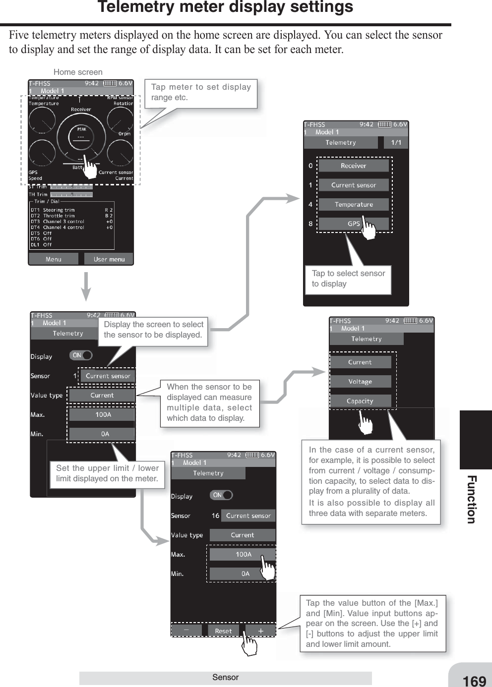169FunctionSensorTelemetry meter display settingsFive telemetry meters displayed on the home screen are displayed. You can select the sensor to display and set the range of display data. It can be set for each meter.Tap meter to set display range etc.Tap to select sensor to displayDisplay the screen to select the sensor to be displayed.When the sensor to be displayed can measure multiple data, select which data to display.In the case of a current sensor, for example, it is possible to select from current / voltage / consump-tion capacity, to select data to dis-play from a plurality of data.It is also possible to display all three data with separate meters.Tap the value button of the [Max.] and [Min]. Value input buttons ap-pear on the screen. Use the [+] and [-] buttons to adjust the upper limit and lower limit amount.Set the upper limit / lower limit displayed on the meter.Home screen