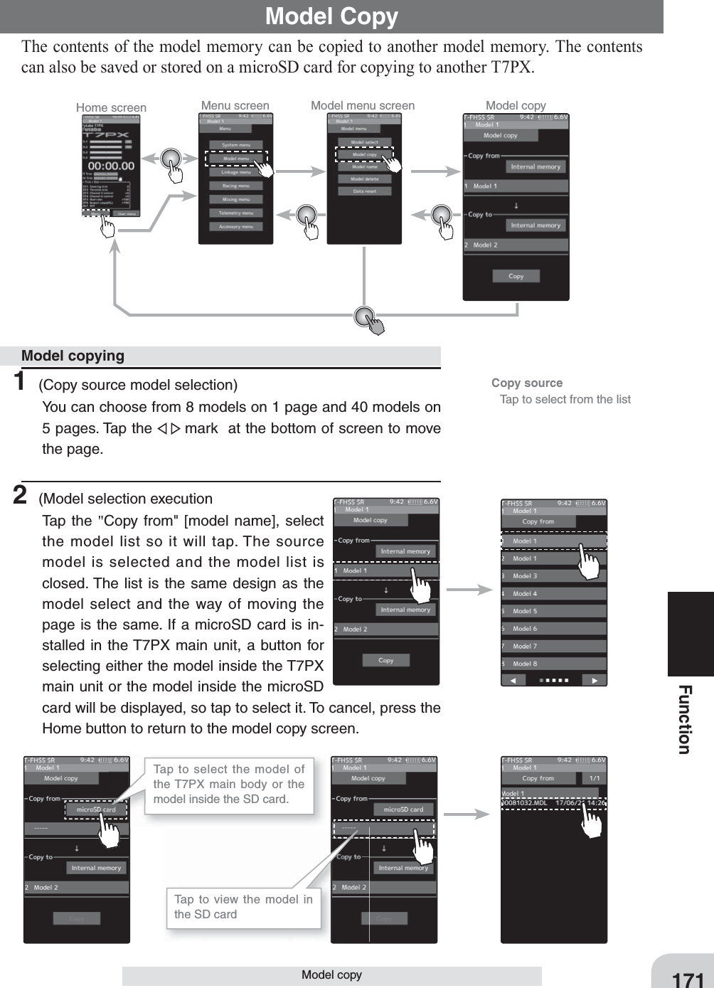 Home screen Menu screen Model menu screen Model copyCopy source  Tap to select from the list171FunctionModel copyThe contents of the model memory can be copied to another model memory. The contents can also be saved or stored on a microSD card for copying to another T7PX.Model Copy1 (Copy source model selection)You can choose from 8 models on 1 page and 40 models on 5 pages. Tap the     mark  at the bottom of screen to move the page.2 (Model selection executionTap the &quot;Copy from&quot; [model name], select the model list so it will tap. The source model is selected and the model list is closed. The list is the same design as the model select and the way of moving the page is the same. If a microSD card is in-stalled in the T7PX main unit, a button for selecting either the model inside the T7PX main unit or the model inside the microSD card will be displayed, so tap to select it. To cancel, press the Home button to return to the model copy screen. Model copyingTap to select the model of the T7PX main body or the model inside the SD card.Tap to view the model in the SD card