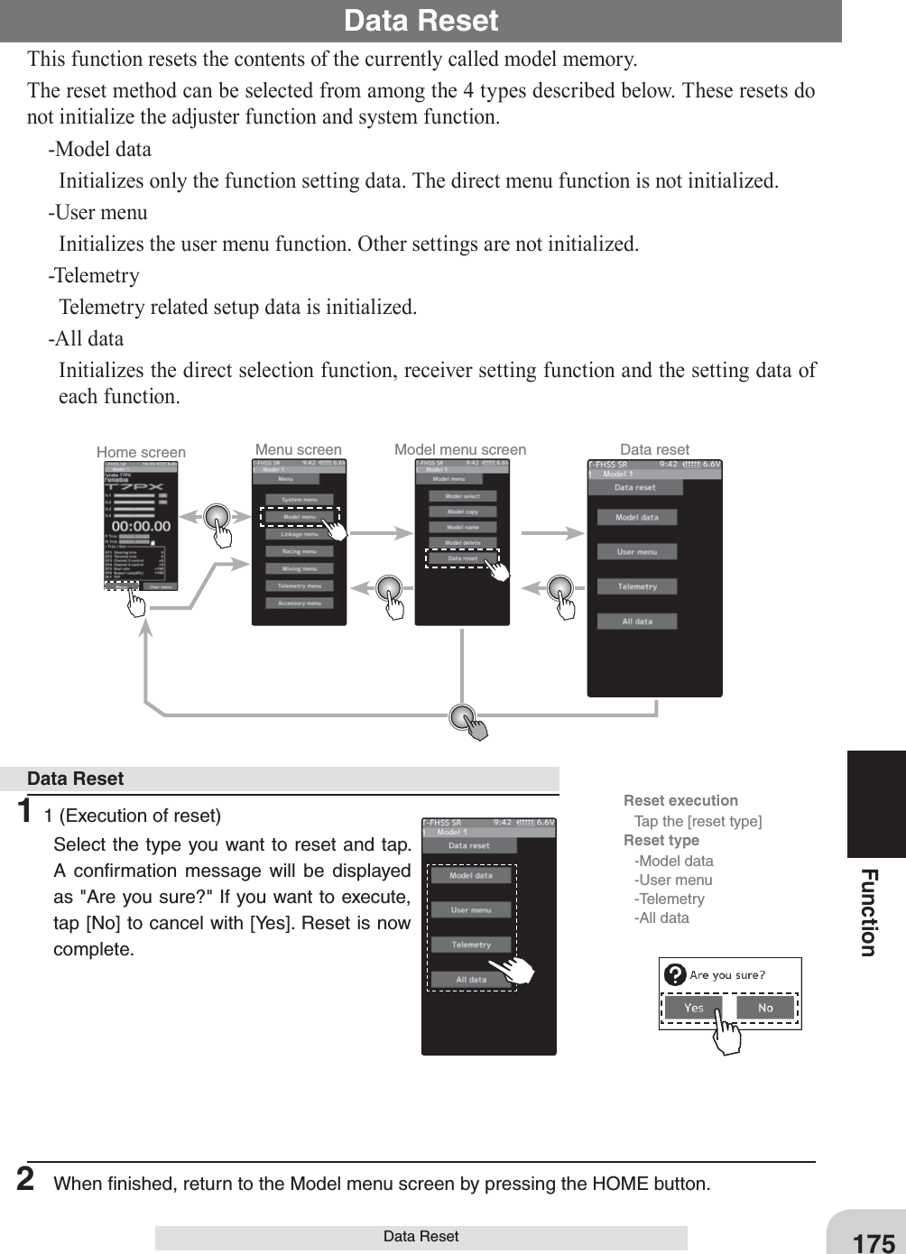Home screen Menu screen Model menu screen Data reset Reset execution  Tap the [reset type]Reset type -Model data -User menu -Telemetry -All data175FunctionData Reset This function resets the contents of the currently called model memory.The reset method can be selected from among the 4 types described below. These resets do not initialize the adjuster function and system function.-Model dataInitializes only the function setting data. The direct menu function is not initialized.-User menuInitializes the user menu function. Other settings are not initialized.-Telemet r yTelemetry related setup data is initialized.-All data Initializes the direct selection function, receiver setting function and the setting data of each function.Data Reset 11 (Execution of reset)Select the type you want to reset and tap. A conﬁrmation message will be displayed as &quot;Are you sure?&quot; If you want to execute, tap [No] to cancel with [Yes]. Reset is now complete.2  When ﬁnished, return to the Model menu screen by pressing the HOME button.Data Reset