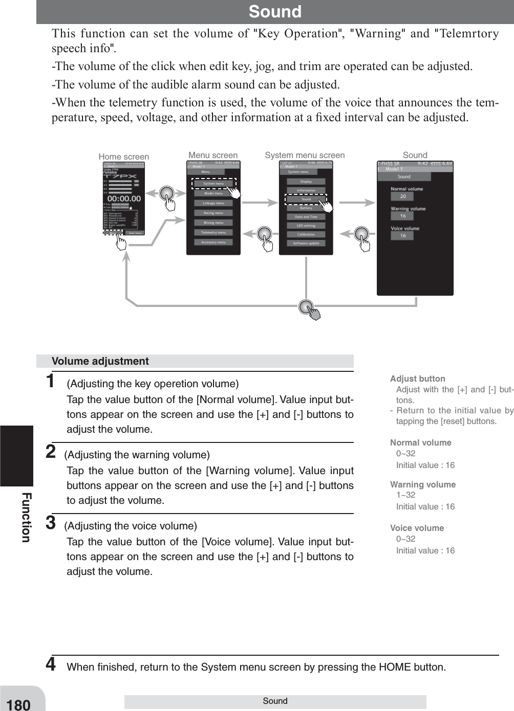 Home screen Menu screen System menu screen Sound180FunctionSoundThis function can set the volume of &quot;Key Operation&quot;,  &quot;War ning&quot; and &quot;Telem r tor y speech info&quot;.-The volume of the click when edit key, jog, and trim are operated can be adjusted.-The volume of the audible alarm sound can be adjusted.-When the telemetry function is used, the volume of the voice that announces the tem-perature, speed, voltage, and other information at a ¿xed interval can be adjusted.Sound1  (Adjusting the key operetion volume)Tap the value button of the [Normal volume]. Value input but-tons appear on the screen and use the [+] and [-] buttons to adjust the volume.2 (Adjusting the warning volume)Tap the value button of the [Warning volume]. Value input buttons appear on the screen and use the [+] and [-] buttons to adjust the volume.3 (Adjusting the voice volume)Tap the value button of the [Voice volume]. Value input but-tons appear on the screen and use the [+] and [-] buttons to adjust the volume.Volume adjustment4  When ﬁnished, return to the System menu screen by pressing the HOME button.Adjust button  Adjust with the [+] and [-] but-tons.- Return to the initial value by tapping the [reset] buttons.Normal volume 0~32  Initial value : 16Warning volume 1~32  Initial value : 16Voice volume 0~32  Initial value : 16