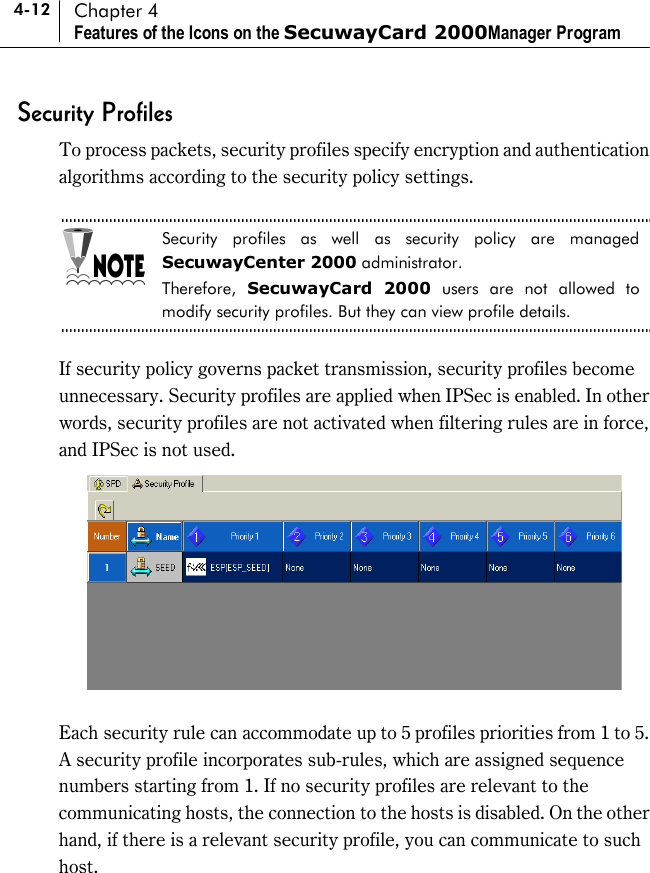 4-12 Chapter 4 Features of the Icons on the SecuwayCard 2000Manager Program Security Profiles To process packets, security profiles specify encryption and authentication algorithms according to the security policy settings.    Security profiles as well as security policy are managed SecuwayCenter 2000 administrator.   Therefore,  SecuwayCard 2000 users are not allowed to modify security profiles. But they can view profile details.  If security policy governs packet transmission, security profiles become unnecessary. Security profiles are applied when IPSec is enabled. In other words, security profiles are not activated when filtering rules are in force, and IPSec is not used.   Each security rule can accommodate up to 5 profiles priorities from 1 to 5.   A security profile incorporates sub-rules, which are assigned sequence numbers starting from 1. If no security profiles are relevant to the communicating hosts, the connection to the hosts is disabled. On the other hand, if there is a relevant security profile, you can communicate to such host. 
