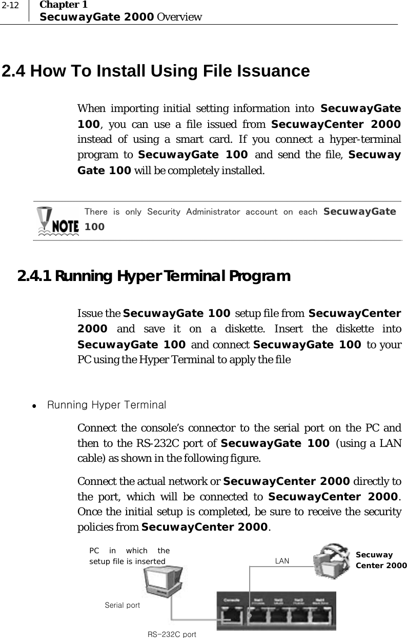  2-12  Chapter 1 SecuwayGate 2000 Overview 2.4 How To Install Using File Issuance When importing initial setting information into SecuwayGate 100, you can use a file issued from SecuwayCenter 2000 instead of using a smart card. If you connect a hyper-terminal program to SecuwayGate 100 and send the file, Secuway Gate 100 will be completely installed.  There  is  only  Security  Administrator  account  on  each SecuwayGate 100  2.4.1 Running Hyper Terminal Program  Issue the SecuwayGate 100 setup file from SecuwayCenter 2000 and save it on a diskette. Insert the diskette into SecuwayGate 100 and connect SecuwayGate 100 to your PC using the Hyper Terminal to apply the file  z Running Hyper Terminal Connect the console’s connector to the serial port on the PC and then to the RS-232C port of SecuwayGate 100 (using a LAN cable) as shown in the following figure.  Connect the actual network or SecuwayCenter 2000 directly to the port, which will be connected to SecuwayCenter 2000. Once the initial setup is completed, be sure to receive the security policies from SecuwayCenter 2000.      RS-232C port LAN  Serial port Secuway Center 2000 PC in which the setup file is inserted 