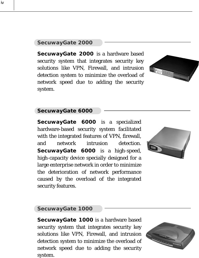  iv  SecuwayGate 2000 SecuwayGate 2000 is a hardware based security system that integrates security key solutions like VPN, Firewall, and intrusion detection system to minimize the overload of network speed due to adding the security system.   SecuwayGate 6000 SecuwayGate 6000 is a specialized hardware-based security system facilitated with the integrated features of VPN, firewall, and network intrusion detection. SecuwayGate 6000 is a high-speed, high-capacity device specially designed for a large enterprise network in order to minimize the deterioration of network performance caused by the overload of the integrated security features.    SecuwayGate 1000 SecuwayGate 1000 is a hardware based security system that integrates security key solutions like VPN, Firewall, and intrusion detection system to minimize the overload of network speed due to adding the security system. 