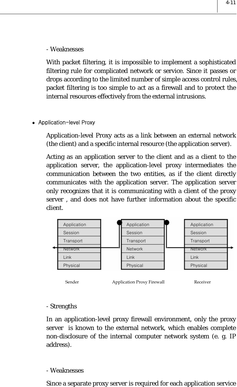  4-11  - Weaknesses With packet filtering, it is impossible to implement a sophisticated filtering rule for complicated network or service. Since it passes or drops according to the limited number of simple access control rules, packet filtering is too simple to act as a firewall and to protect the internal resources effectively from the external intrusions.  z Application-level Proxy Application-level Proxy acts as a link between an external network (the client) and a specific internal resource (the application server).  Acting as an application server to the client and as a client to the application server, the application-level proxy intermediates the communication between the two entities, as if the client directly communicates with the application server. The application server only recognizes that it is communicating with a client of the proxy server , and does not have further information about the specific client.    - Strengths In an application-level proxy firewall environment, only the proxy server  is known to the external network, which enables complete non-disclosure of the internal computer network system (e. g. IP address).  - Weaknesses Since a separate proxy server is required for each application service Application Proxy Firewall Sender Receiver Application Session Transport Network Link Physical Application Session Transport Network Link Physical Application Session Transport Network Link Physical 