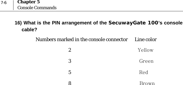  7-6 Chapter 5 Console Commands 16) What is the PIN arrangement of the SecuwayGate 100’s console cable? Numbers marked in the console connector      Line color                     2                                         Yellow                     3                                          Green                     5                                          Red                     8                                          Brown  
