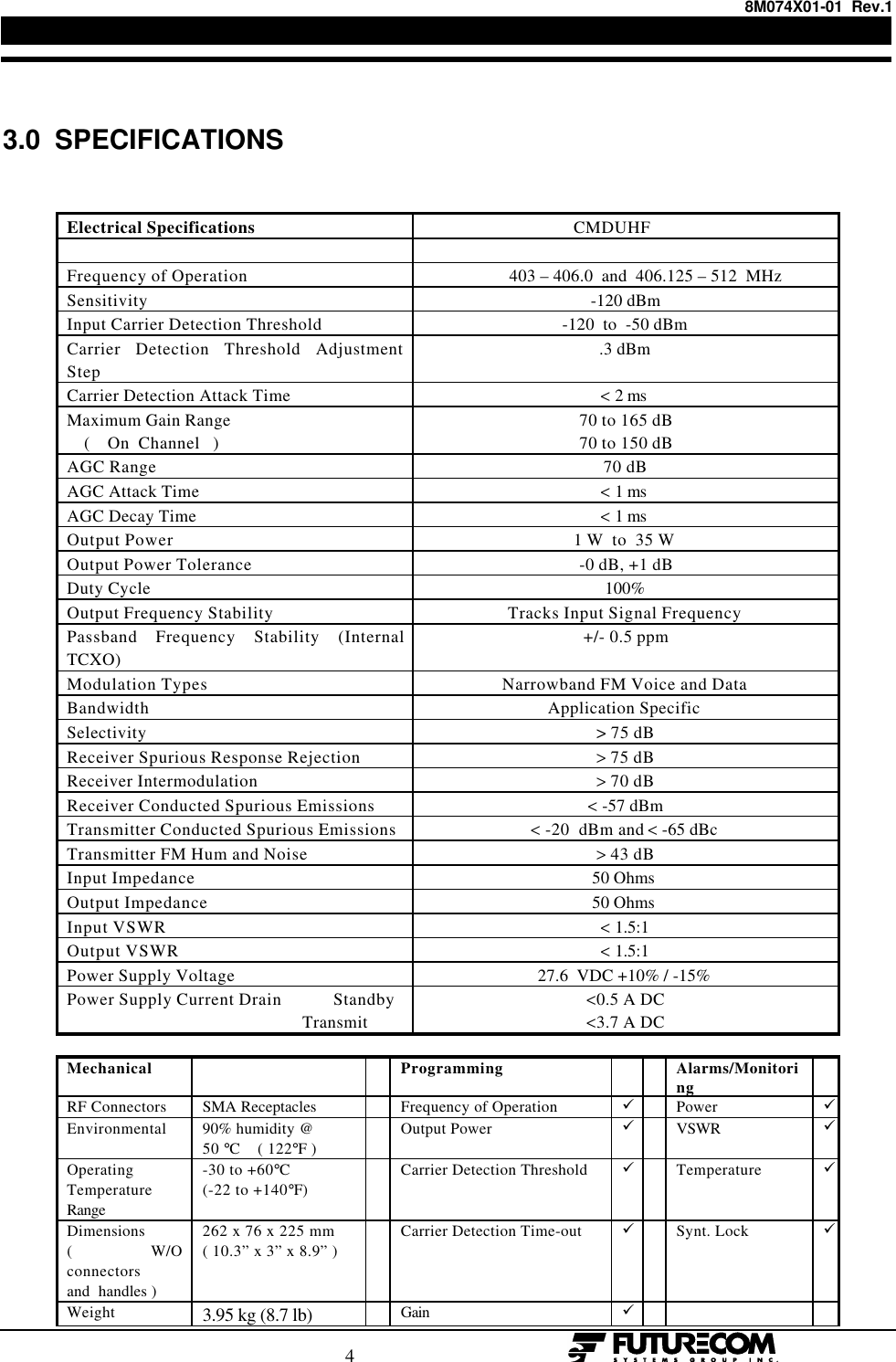 8M074X01-01  Rev.1                                                                                4                                                  3.0  SPECIFICATIONSElectrical Specifications                                    CMDUHFFrequency of Operation                     403 – 406.0  and  406.125 – 512  MHzSensitivity -120 dBmInput Carrier Detection Threshold -120  to  -50 dBmCarrier Detection Threshold AdjustmentStep.3 dBmCarrier Detection Attack Time &lt; 2 msMaximum Gain Range    (    On  Channel   )70 to 165 dB70 to 150 dBAGC Range 70 dBAGC Attack Time &lt; 1 msAGC Decay Time &lt; 1 msOutput Power 1 W  to  35 WOutput Power Tolerance -0 dB, +1 dBDuty Cycle 100%Output Frequency Stability Tracks Input Signal FrequencyPassband Frequency Stability (InternalTCXO)+/- 0.5 ppmModulation Types Narrowband FM Voice and DataBandwidth Application SpecificSelectivity &gt; 75 dBReceiver Spurious Response Rejection &gt; 75 dBReceiver Intermodulation &gt; 70 dBReceiver Conducted Spurious Emissions &lt; -57 dBmTransmitter Conducted Spurious Emissions &lt; -20  dBm and &lt; -65 dBcTransmitter FM Hum and Noise &gt; 43 dBInput Impedance 50 OhmsOutput Impedance 50 OhmsInput VSWR &lt; 1.5:1Output VSWR &lt; 1.5:1Power Supply Voltage 27.6  VDC +10% / -15%Power Supply Current Drain            Standby                                                       Transmit&lt;0.5 A DC&lt;3.7 A DCMechanical Programming Alarms/MonitoringRF Connectors SMA Receptacles Frequency of Operation üPower üEnvironmental 90% humidity @50 °C    ( 122°F )Output Power üVSWR üOperatingTemperatureRange-30 to +60°C(-22 to +140°F)Carrier Detection Threshold üTemperature üDimensions( W/Oconnectorsand  handles )262 x 76 x 225 mm( 10.3” x 3” x 8.9” )Carrier Detection Time-out üSynt. Lock üWeight 3.95 kg (8.7 lb) Gain ü