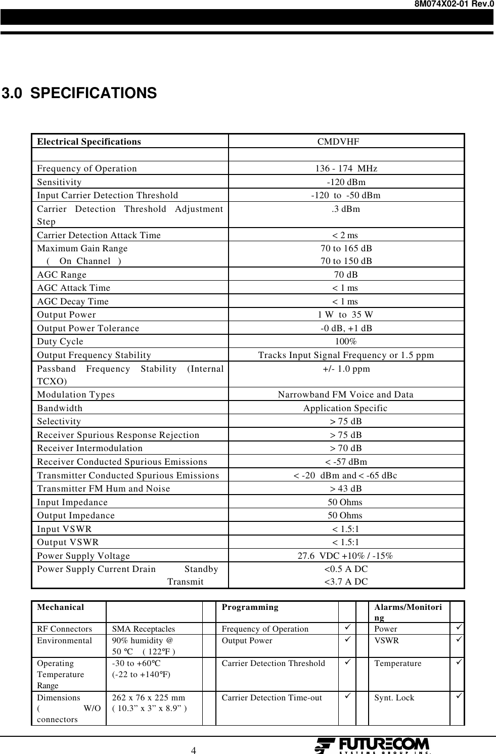 8M074X02-01 Rev.0                                                                                4                                                  3.0  SPECIFICATIONSElectrical Specifications                                    CMDVHFFrequency of Operation 136 - 174  MHzSensitivity -120 dBmInput Carrier Detection Threshold -120  to  -50 dBmCarrier Detection Threshold AdjustmentStep.3 dBmCarrier Detection Attack Time &lt; 2 msMaximum Gain Range    (    On  Channel   )70 to 165 dB70 to 150 dBAGC Range 70 dBAGC Attack Time &lt; 1 msAGC Decay Time &lt; 1 msOutput Power 1 W  to  35 WOutput Power Tolerance -0 dB, +1 dBDuty Cycle 100%Output Frequency Stability Tracks Input Signal Frequency or 1.5 ppmPassband Frequency Stability (InternalTCXO)+/- 1.0 ppmModulation Types Narrowband FM Voice and DataBandwidth Application SpecificSelectivity &gt; 75 dBReceiver Spurious Response Rejection &gt; 75 dBReceiver Intermodulation &gt; 70 dBReceiver Conducted Spurious Emissions &lt; -57 dBmTransmitter Conducted Spurious Emissions &lt; -20  dBm and &lt; -65 dBcTransmitter FM Hum and Noise &gt; 43 dBInput Impedance 50 OhmsOutput Impedance 50 OhmsInput VSWR &lt; 1.5:1Output VSWR &lt; 1.5:1Power Supply Voltage 27.6  VDC +10% / -15%Power Supply Current Drain            Standby                                                       Transmit&lt;0.5 A DC&lt;3.7 A DCMechanical Programming Alarms/MonitoringRF Connectors SMA Receptacles Frequency of Operation üPower üEnvironmental 90% humidity @50 °C    ( 122°F )Output Power üVSWR üOperatingTemperatureRange-30 to +60°C(-22 to +140°F)Carrier Detection Threshold üTemperature üDimensions( W/Oconnectors262 x 76 x 225 mm( 10.3” x 3” x 8.9” )Carrier Detection Time-out üSynt. Lock ü