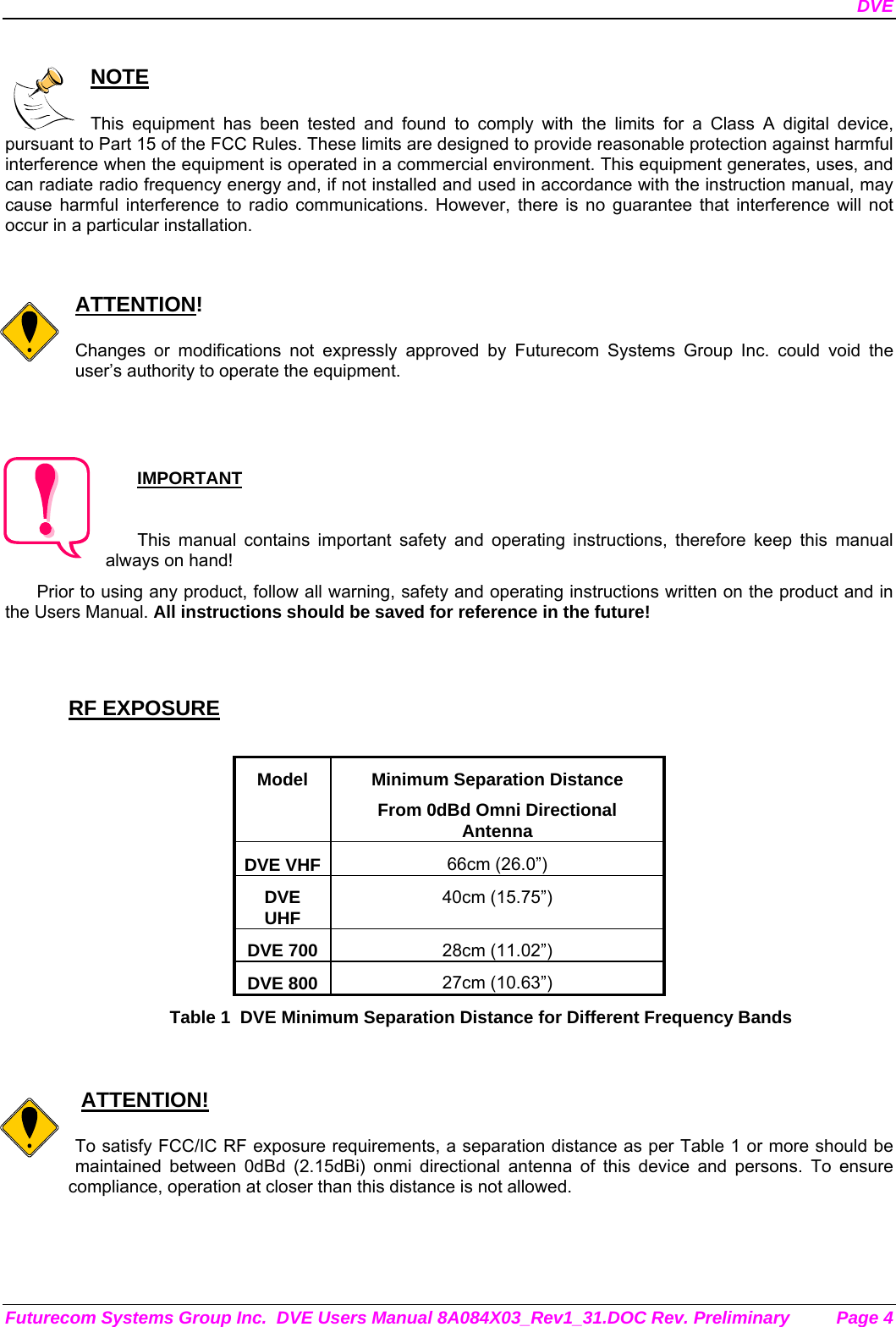 DVE Futurecom Systems Group Inc.  DVE Users Manual 8A084X03_Rev1_31.DOC Rev. Preliminary  Page 4  NOTE  This equipment has been tested and found to comply with the limits for a Class A digital device, pursuant to Part 15 of the FCC Rules. These limits are designed to provide reasonable protection against harmful interference when the equipment is operated in a commercial environment. This equipment generates, uses, and can radiate radio frequency energy and, if not installed and used in accordance with the instruction manual, may cause harmful interference to radio communications. However, there is no guarantee that interference will not occur in a particular installation.   ATTENTION!  Changes or modifications not expressly approved by Futurecom Systems Group Inc. could void the user’s authority to operate the equipment.   IMPORTANT  This manual contains important safety and operating instructions, therefore keep this manual always on hand! Prior to using any product, follow all warning, safety and operating instructions written on the product and in the Users Manual. All instructions should be saved for reference in the future!   RF EXPOSURE  Model  Minimum Separation Distance From 0dBd Omni Directional Antenna DVE VHF 66cm (26.0”) DVE UHF 40cm (15.75”) DVE 700  28cm (11.02”) DVE 800  27cm (10.63”) Table 1  DVE Minimum Separation Distance for Different Frequency Bands      ATTENTION!  To satisfy FCC/IC RF exposure requirements, a separation distance as per Table 1 or more should be maintained between 0dBd (2.15dBi) onmi directional antenna of this device and persons. To ensure compliance, operation at closer than this distance is not allowed.     