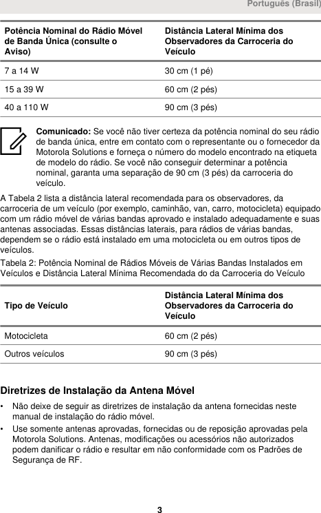 Potência Nominal do Rádio Móvelde Banda Única (consulte oAviso)Distância Lateral Mínima dosObservadores da Carroceria doVeículo7 a 14 W 30 cm (1 pé)15 a 39 W 60 cm (2 pés)40 a 110 W 90 cm (3 pés)Comunicado: Se você não tiver certeza da potência nominal do seu rádiode banda única, entre em contato com o representante ou o fornecedor daMotorola Solutions e forneça o número do modelo encontrado na etiquetade modelo do rádio. Se você não conseguir determinar a potêncianominal, garanta uma separação de 90 cm (3 pés) da carroceria doveículo.A Tabela 2 lista a distância lateral recomendada para os observadores, dacarroceria de um veículo (por exemplo, caminhão, van, carro, motocicleta) equipadocom um rádio móvel de várias bandas aprovado e instalado adequadamente e suasantenas associadas. Essas distâncias laterais, para rádios de várias bandas,dependem se o rádio está instalado em uma motocicleta ou em outros tipos deveículos.Tabela 2: Potência Nominal de Rádios Móveis de Várias Bandas Instalados emVeículos e Distância Lateral Mínima Recomendada do da Carroceria do VeículoTipo de Veículo Distância Lateral Mínima dosObservadores da Carroceria doVeículoMotocicleta 60 cm (2 pés)Outros veículos 90 cm (3 pés)Diretrizes de Instalação da Antena Móvel• Não deixe de seguir as diretrizes de instalação da antena fornecidas nestemanual de instalação do rádio móvel.• Use somente antenas aprovadas, fornecidas ou de reposição aprovadas pelaMotorola Solutions. Antenas, modificações ou acessórios não autorizadospodem danificar o rádio e resultar em não conformidade com os Padrões deSegurança de RF.Português (Brasil) 3