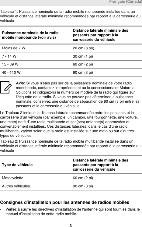 Tableau 1: Puissance nominale de la radio mobile monobande installée dans unvéhicule et distance latérale minimale recommandée par rapport à la carrosserie duvéhiculePuissance nominale de la radiomobile monobande (voir avis)Distance latérale minimale despassants par rapport à lacarrosserie du véhiculeMoins de 7 W 20 cm (8 po)7 - 14 W 30 cm (1 pi)15 - 39 W 60 cm (2 pi)40 - 110 W 90 cm (3 pi)Avis: Si vous n’êtes pas sûr de la puissance nominale de votre radiomonobande, contactez le représentant ou le concessionnaire MotorolaSolutions et indiquez-lui le numéro de modèle de la radio qui figure surl’étiquette de la radio. Si vous ne pouvez pas déterminer la puissancenominale, conservez une distance de séparation de 90 cm (3 pi) entre lespassants et la carrosserie du véhicule.Le Tableau 2 indique la distance latérale recommandée entre les passants et lacarrosserie d’un véhicule (par exemple, un camion, une fourgonnette, une voiture,une moto) doté d’une radio multibande et son(ses) antenne(s) approuvées etconvenablement installées. Ces distances latérales, dans le cas d’une radiomultibande, varient selon que la radio est installée sur une moto ou sur d’autrestypes de véhicules.Tableau 2: Puissance nominale de la radio mobile multibande installée dans unvéhicule et distance latérale minimale recommandée par rapport à la carrosserie duvéhiculeType de véhicule Distance latérale minimale despassants par rapport à lacarrosserie du véhiculeMotocyclette 60 cm (2 pi)Autres véhicules. 90 cm (3 pi)Consignes d&apos;installation pour les antennes de radios mobiles• Veillez à suivre les directives d&apos;installation de l&apos;antenne qui sont fournies dans lemanuel d&apos;installation de cette radio mobile.Français (Canada) 3