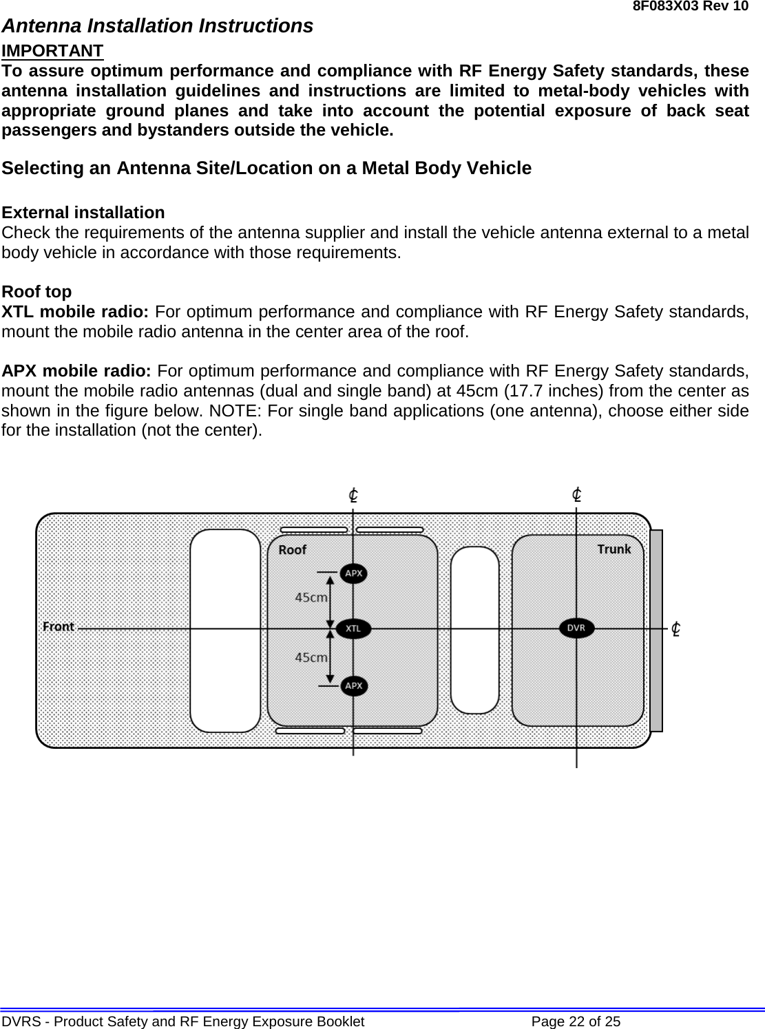 8F083X03 Rev 10 DVRS - Product Safety and RF Energy Exposure Booklet             Page 22 of 25 Antenna Installation Instructions IMPORTANT To assure optimum performance and compliance with RF Energy Safety standards, these antenna installation guidelines and instructions are limited to metal-body vehicles with appropriate ground planes and take into account the potential exposure of back seat passengers and bystanders outside the vehicle. Selecting an Antenna Site/Location on a Metal Body Vehicle  External installation Check the requirements of the antenna supplier and install the vehicle antenna external to a metal body vehicle in accordance with those requirements.  Roof top XTL mobile radio: For optimum performance and compliance with RF Energy Safety standards, mount the mobile radio antenna in the center area of the roof.  APX mobile radio: For optimum performance and compliance with RF Energy Safety standards, mount the mobile radio antennas (dual and single band) at 45cm (17.7 inches) from the center as shown in the figure below. NOTE: For single band applications (one antenna), choose either side for the installation (not the center).              