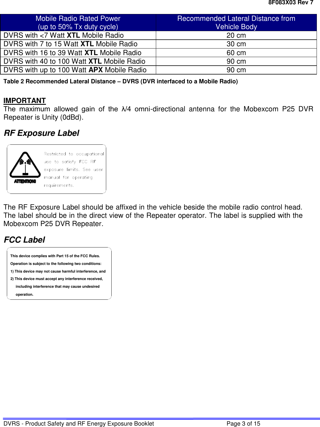 8F083X03 Rev 7 DVRS - Product Safety and RF Energy Exposure Booklet  Page 3 of 15  Mobile Radio Rated Power (up to 50% Tx duty cycle) Recommended Lateral Distance from  Vehicle Body DVRS with &lt;7 Watt XTL Mobile Radio 20 cm  DVRS with 7 to 15 Watt XTL Mobile Radio 30 cm DVRS with 16 to 39 Watt XTL Mobile Radio 60 cm DVRS with 40 to 100 Watt XTL Mobile Radio 90 cm DVRS with up to 100 Watt APX Mobile Radio 90 cm Table 2 Recommended Lateral Distance – DVRS (DVR interfaced to a Mobile Radio)  IMPORTANT The  maximum  allowed  gain  of  the  λ/4  omni-directional  antenna  for  the  Mobexcom  P25  DVR Repeater is Unity (0dBd).  RF Exposure Label  The RF Exposure Label should be affixed in the vehicle beside the mobile radio control head. The label should be in the direct view of the Repeater operator. The label is supplied with the Mobexcom P25 DVR Repeater. FCC Label including interference that may cause undesired 2) This device must accept any interference received,1) This device may not cause harmful interference, andOperation is subject to the following two conditions:This device complies with Part 15 of the FCC Rules.operation.             