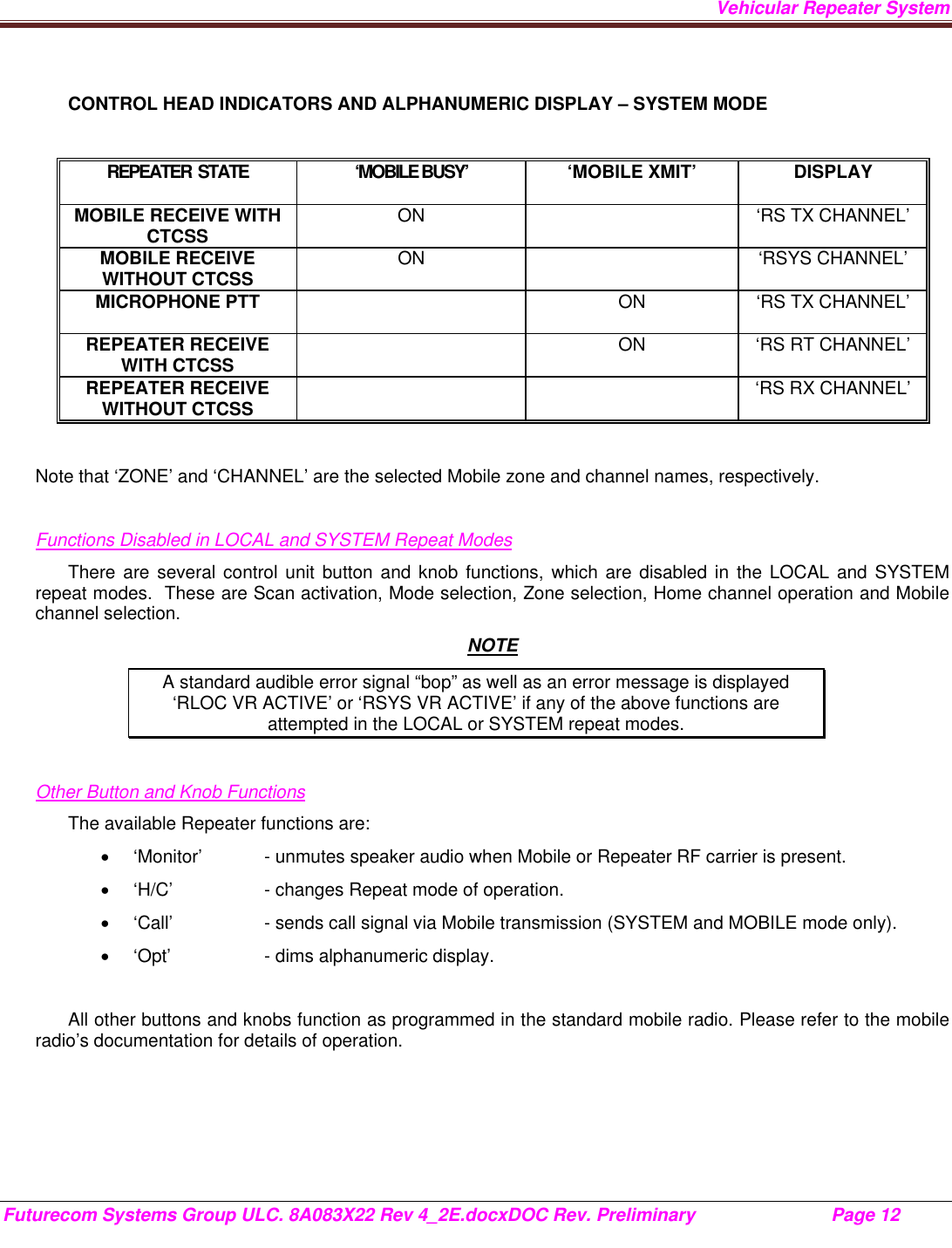 Page 12 of Futurecom Systems Group ULC DVRS700 MOBEXCOM DVR Vehicular Repeater User Manual 8A083X22 Rev 4 2Ex