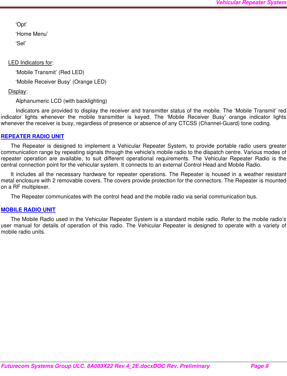 Page 9 of Futurecom Systems Group ULC DVRS700 MOBEXCOM DVR Vehicular Repeater User Manual 8A083X22 Rev 4 2Ex