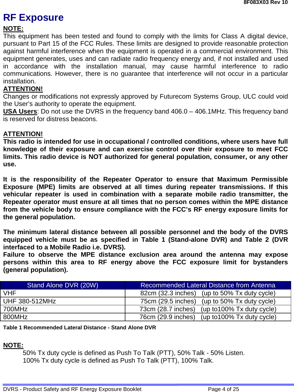 Page 4 of Futurecom Systems Group ULC DVRSUHF MOBEXCOM DVRS Vehicular Repeater User Manual RF Safety Booklet